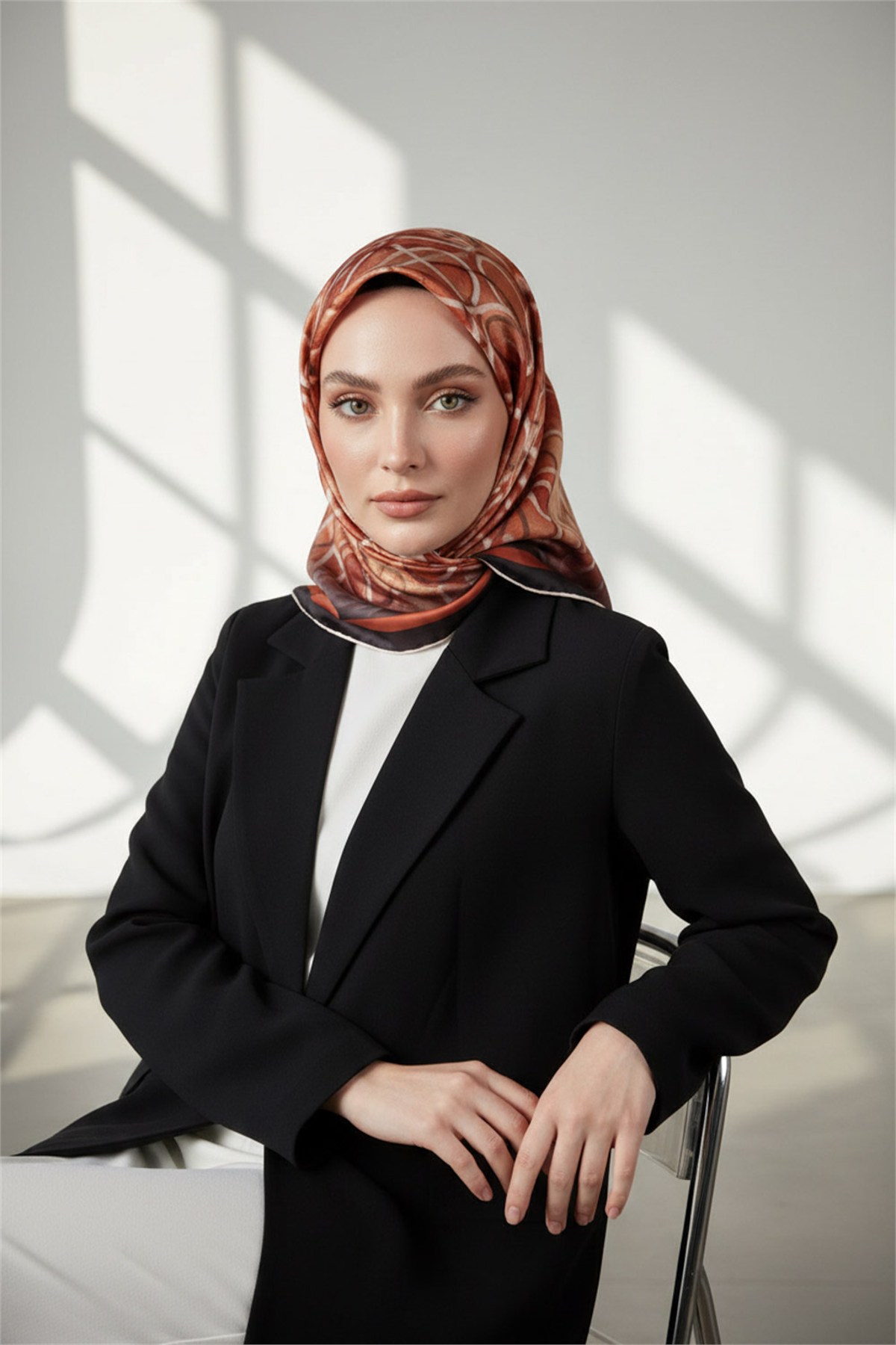 Kristal Geometrik Desenli Taba Renkli 90x90 Eşarp (İpek İçermez) Kenar Dikiş Şekli El Dikişli