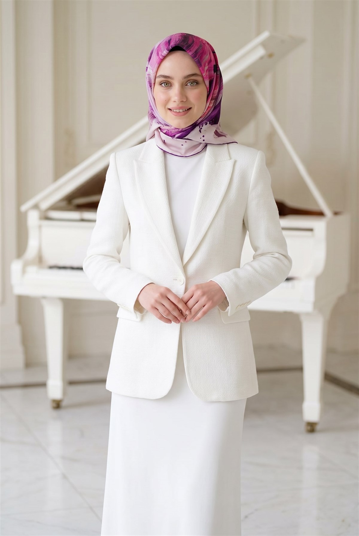 %100 Twill İpek Fırça Darbesi Desenli Mor - Pembe Renkli 90x90 Eşarp Dikim Şekli : El Dikişi