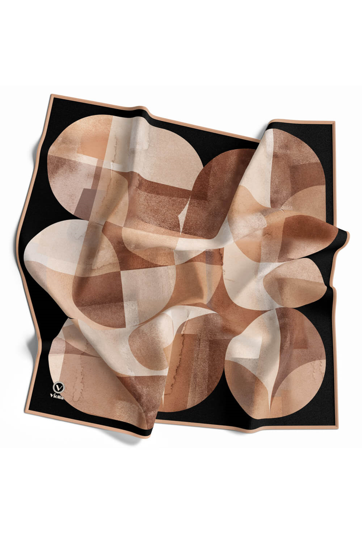 Twill Geometrik Desenli Somon Renkli 90x90 Eşarp (İpek İçermez)Kenar Dikiş Şekli El Dikişli