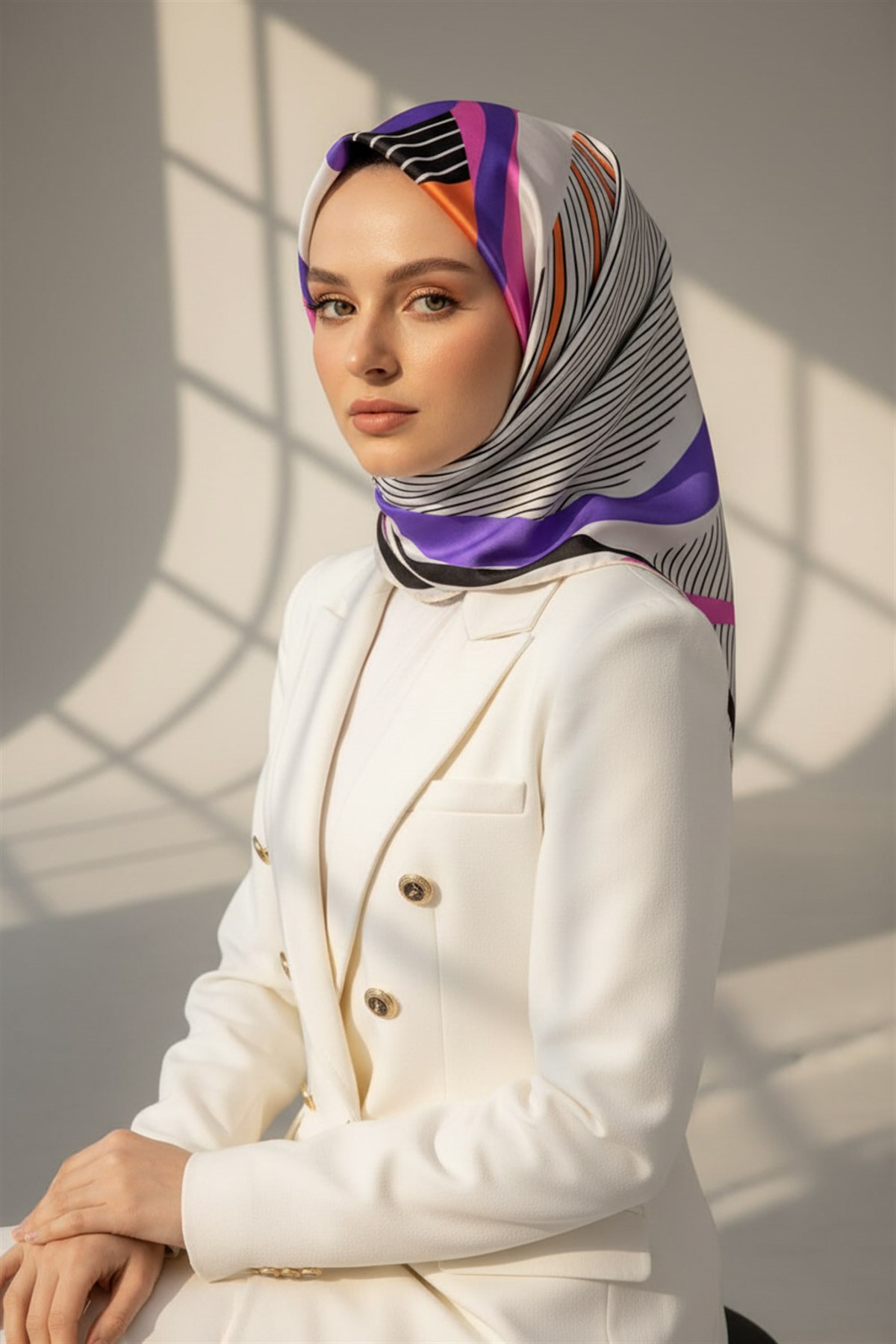 %100 Twill İpek Çizgili Geometrik Desenli Beyaz - Mor Renkli 90x90 Eşarp Dikim Şekli : El Dikişi