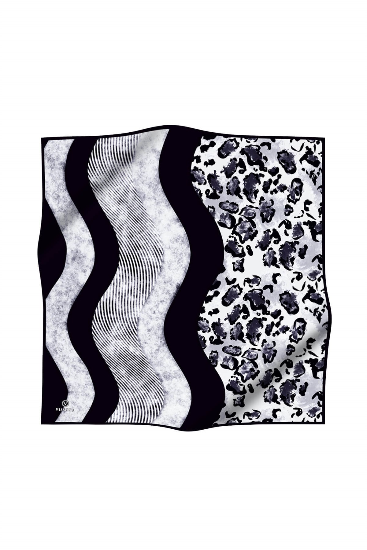 %100 Twill İpek Leopar Ve Geometrik Desenli Gri Renkli 90x90 Eşarp Dikim Şekli : El Dikişi