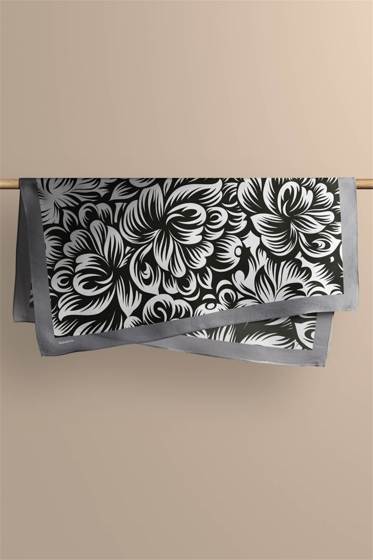 A80 Kadın Çiçek Desenli Bandana 50x50 Siyah Beyaz DG0409-22