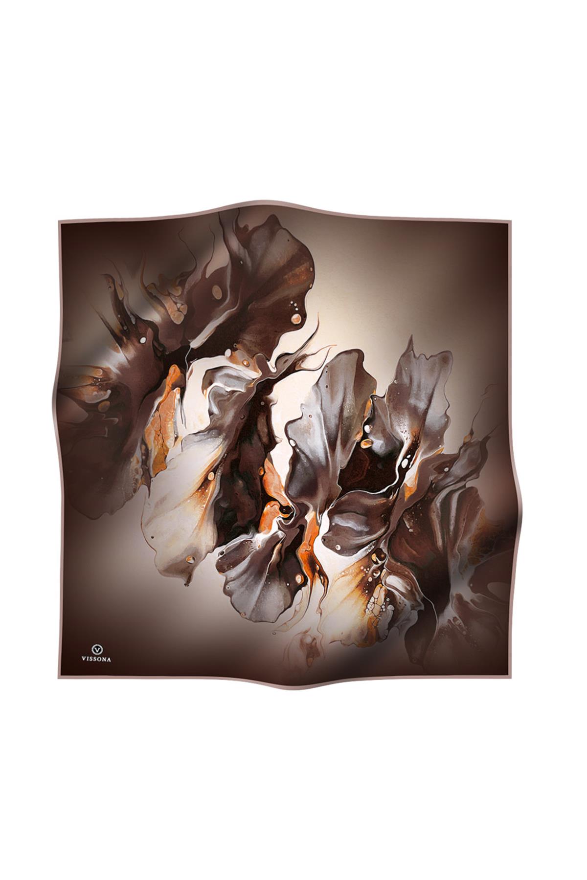 %100 Twill İpek Batik Çiçek Desenli Kahverengi - Krem Renkli 90x90 Eşarp Dikim Şekli : El Dikişi