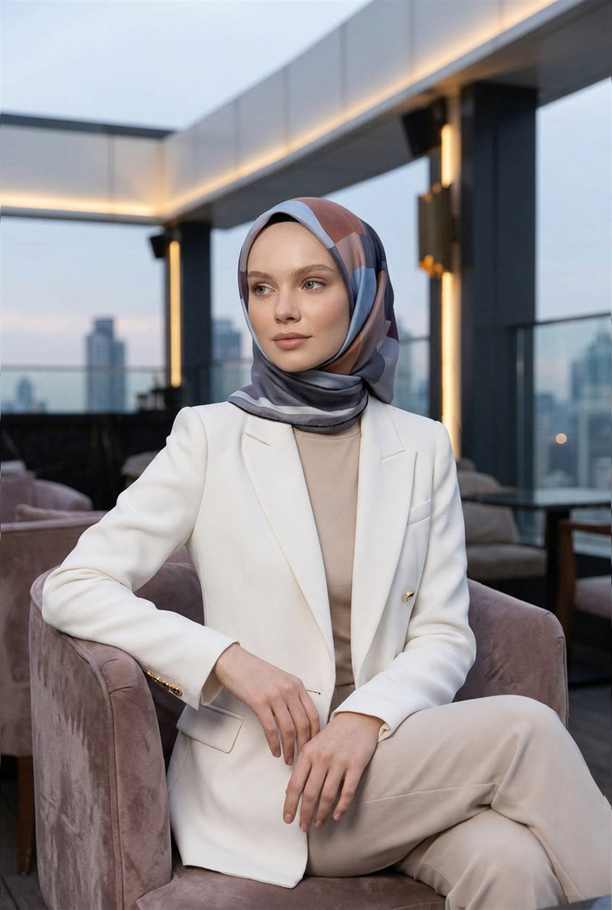 % 57 İPEK % 43 VİSKON Twill İpek Geometrik Desenli Gri - Bebe Mavisi Renkli 90x90 Eşarp Dikim Şekli : El Dikişi