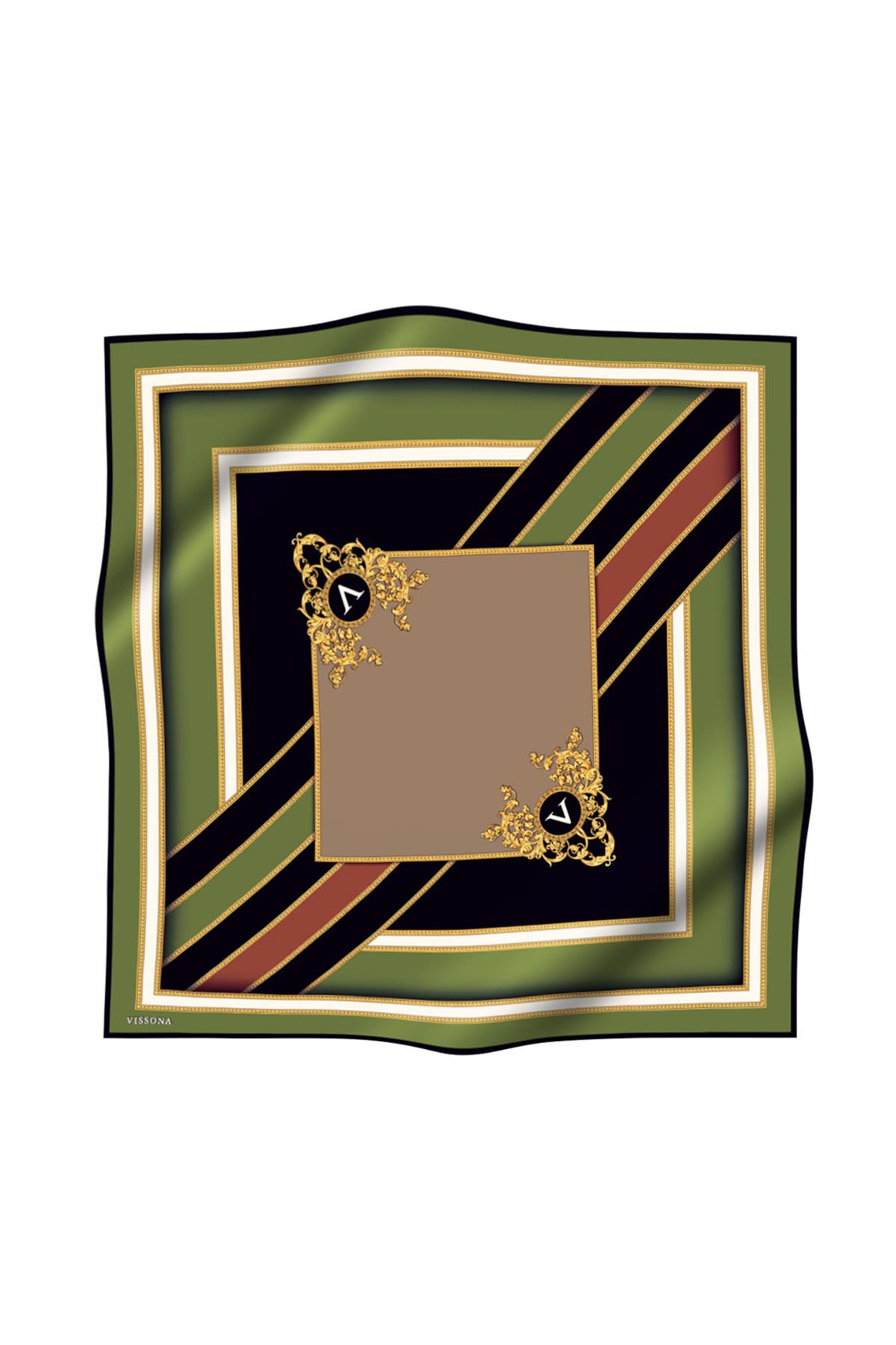 %100 Twill İpek Baroklu Ve Geometrik Desenli Haki - Bej Renkli 90x90 Eşarp Dikim Şekli : El Dikişi