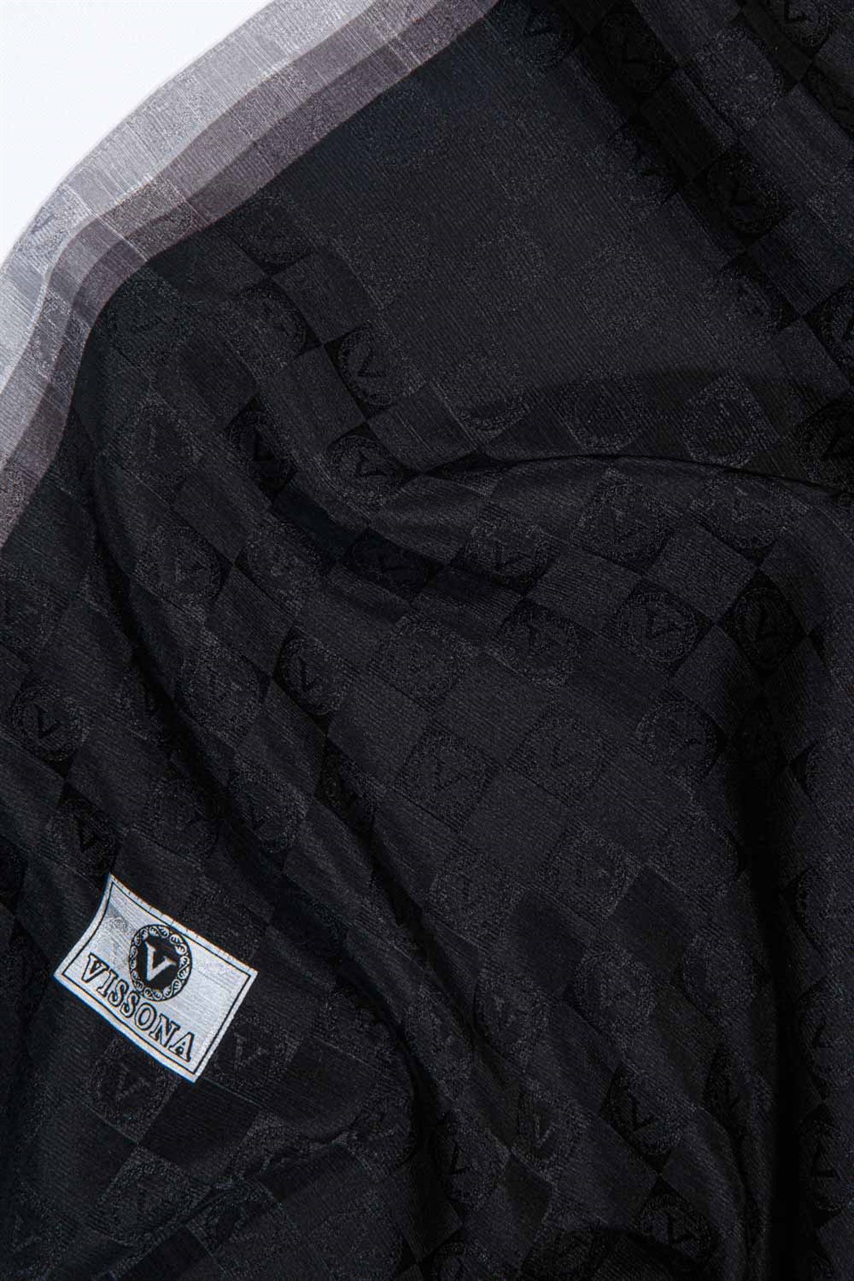 %57 İpek %43 Pamuk Monogram Dokumalı Siyah-Gri Renkli 70X190 Yumuşak Dökümlü Şal