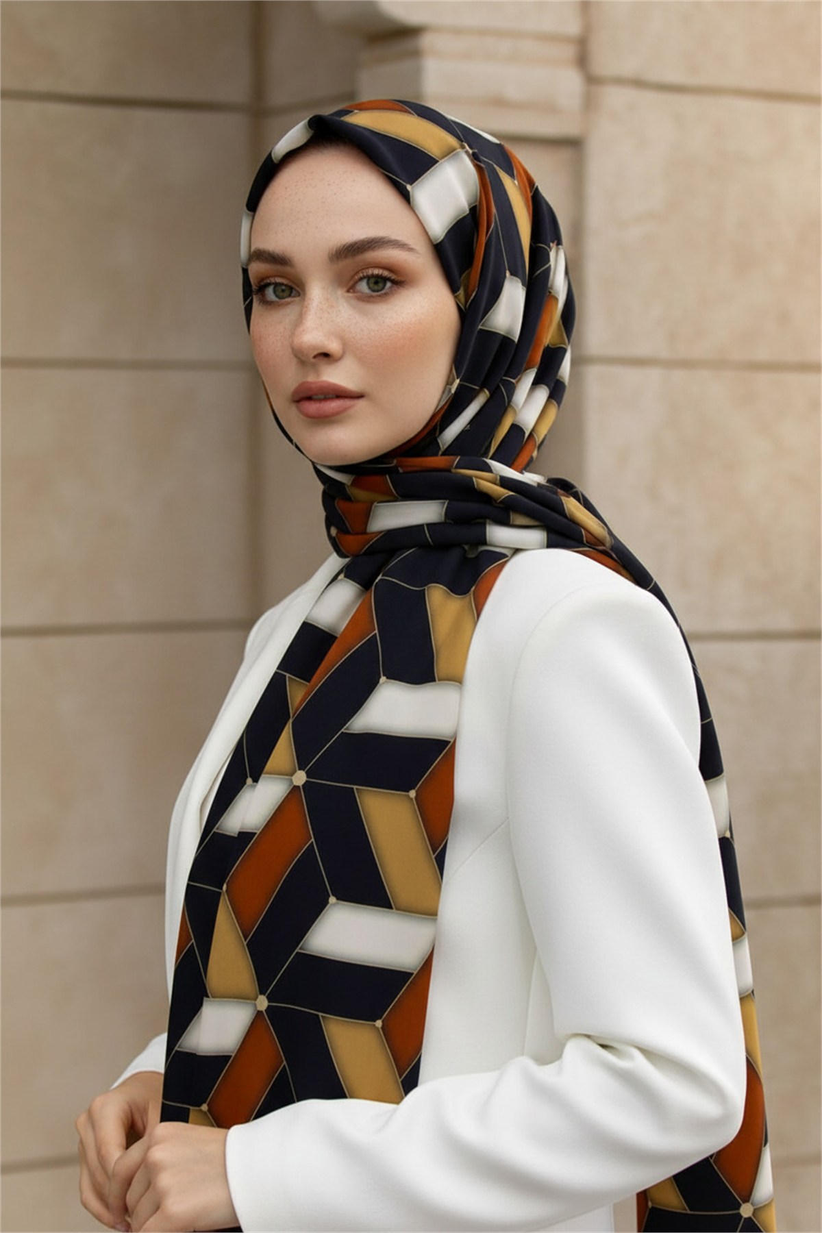 KREP GEOMETRİK DESENLİ GOLD RENKLİ 75X195 KIRIŞMAZ ŞAL