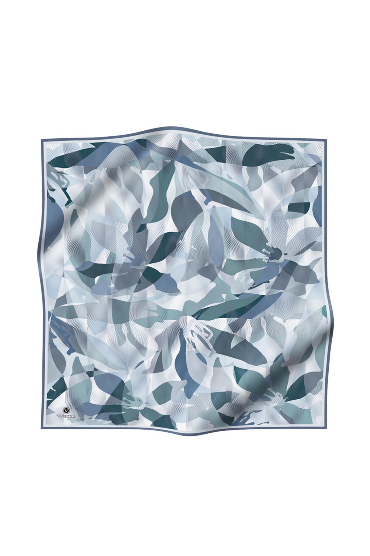 %100 Twill İpek Çiçek Desenli Bebe Mavisi - Petrol Yeşili Renkli 90x90 Eşarp Dikim Şekli : El Dikişi