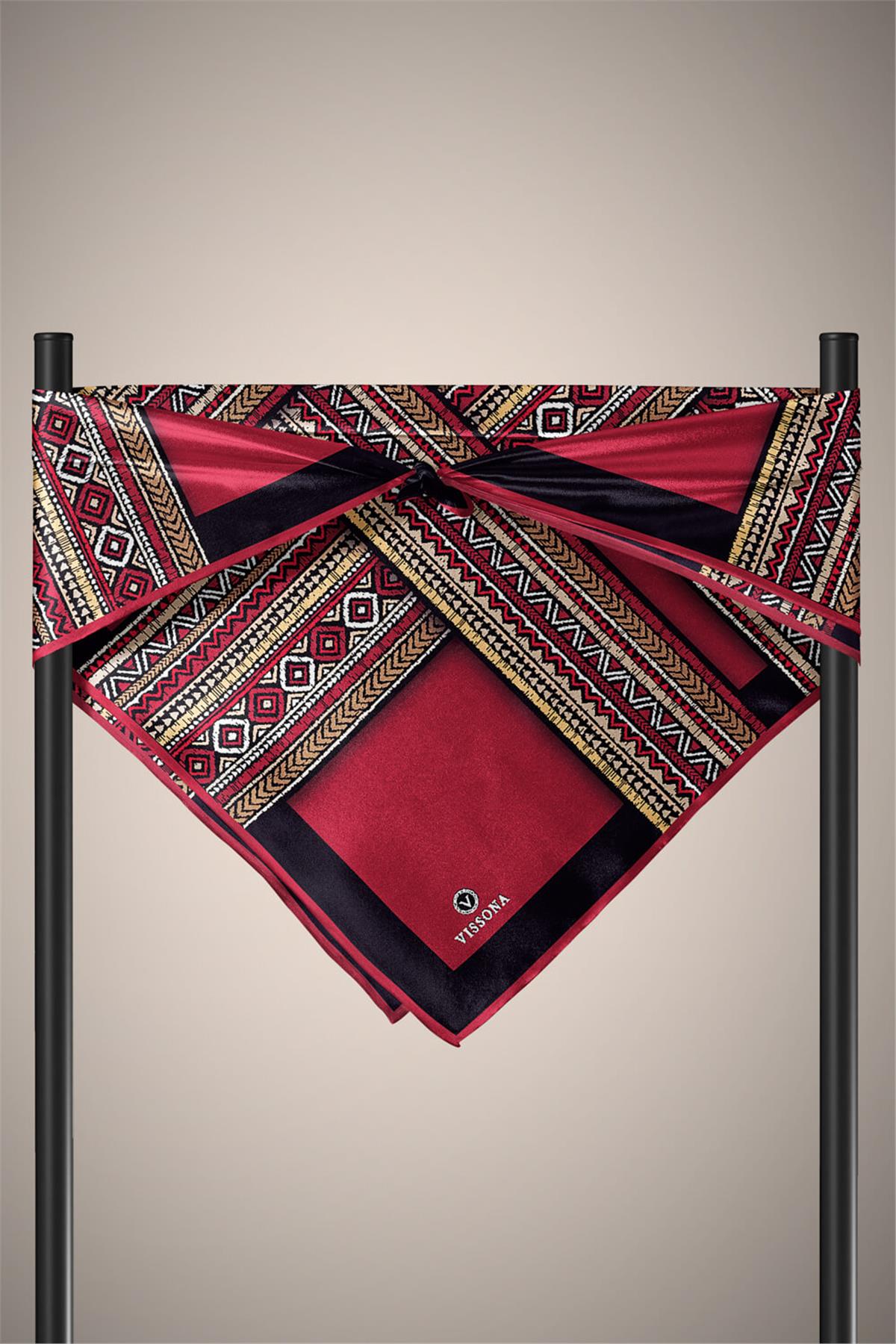%100 Twill İpek Etnik Desenli Siyah - Bordo Renkli 90x90 Eşarp Dikim Şekli : El Dikişi