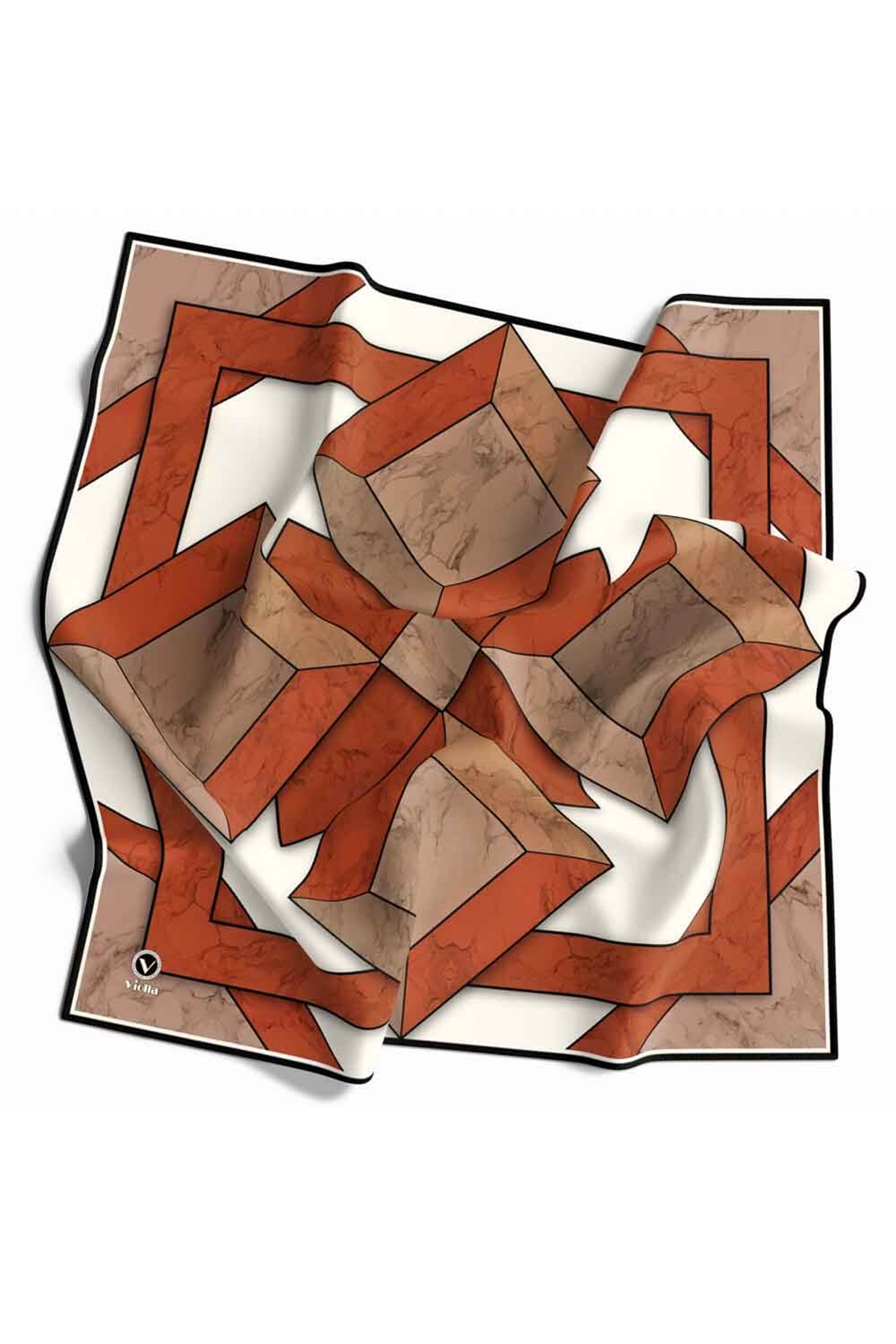 Twill Mermer Desenli Taba - Bej Renkli 90x90 Eşarp (İpek İçermez) Kenar Dikiş Şekli El Dikişli