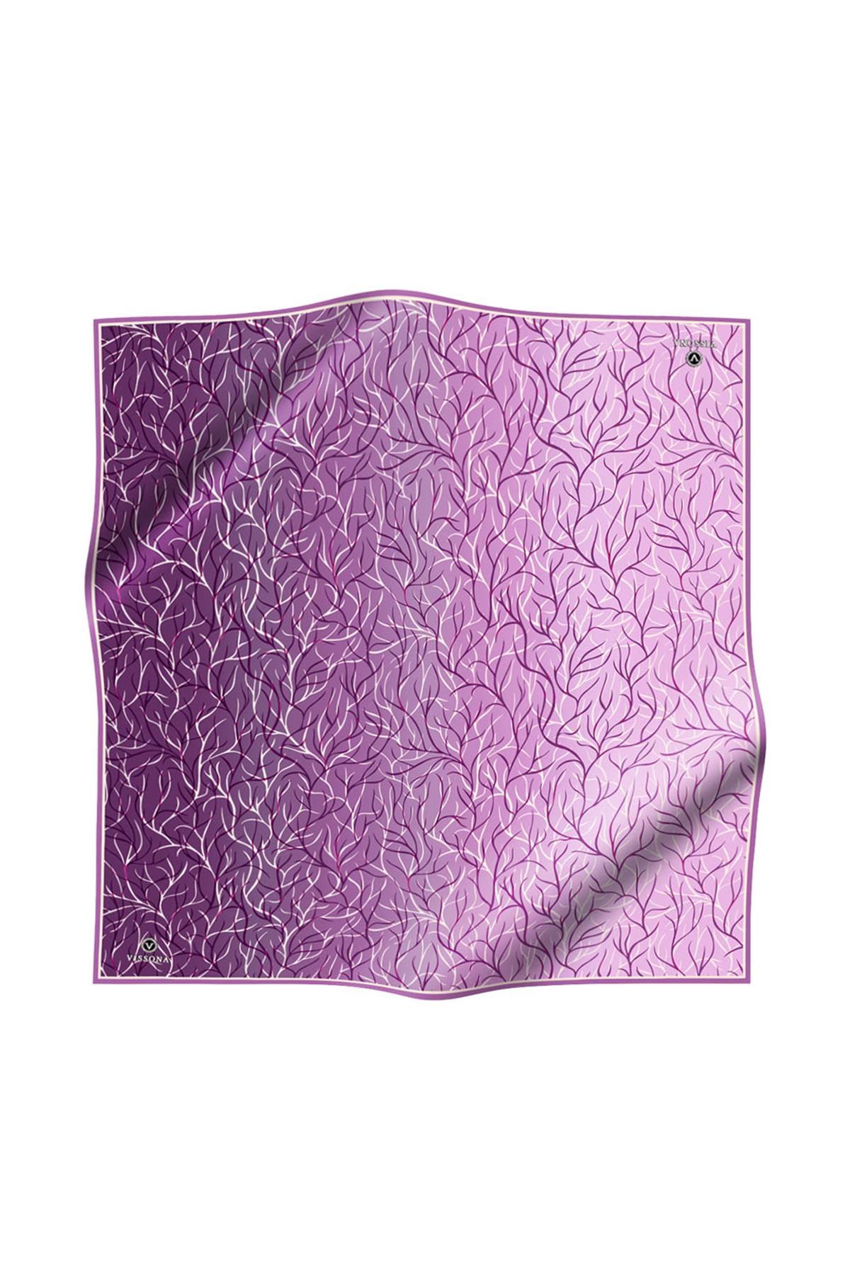 %100 Twill İpek Degrade Desenli Lila Renkli 90x90 Eşarp Dikim Şekli : El Dikişi