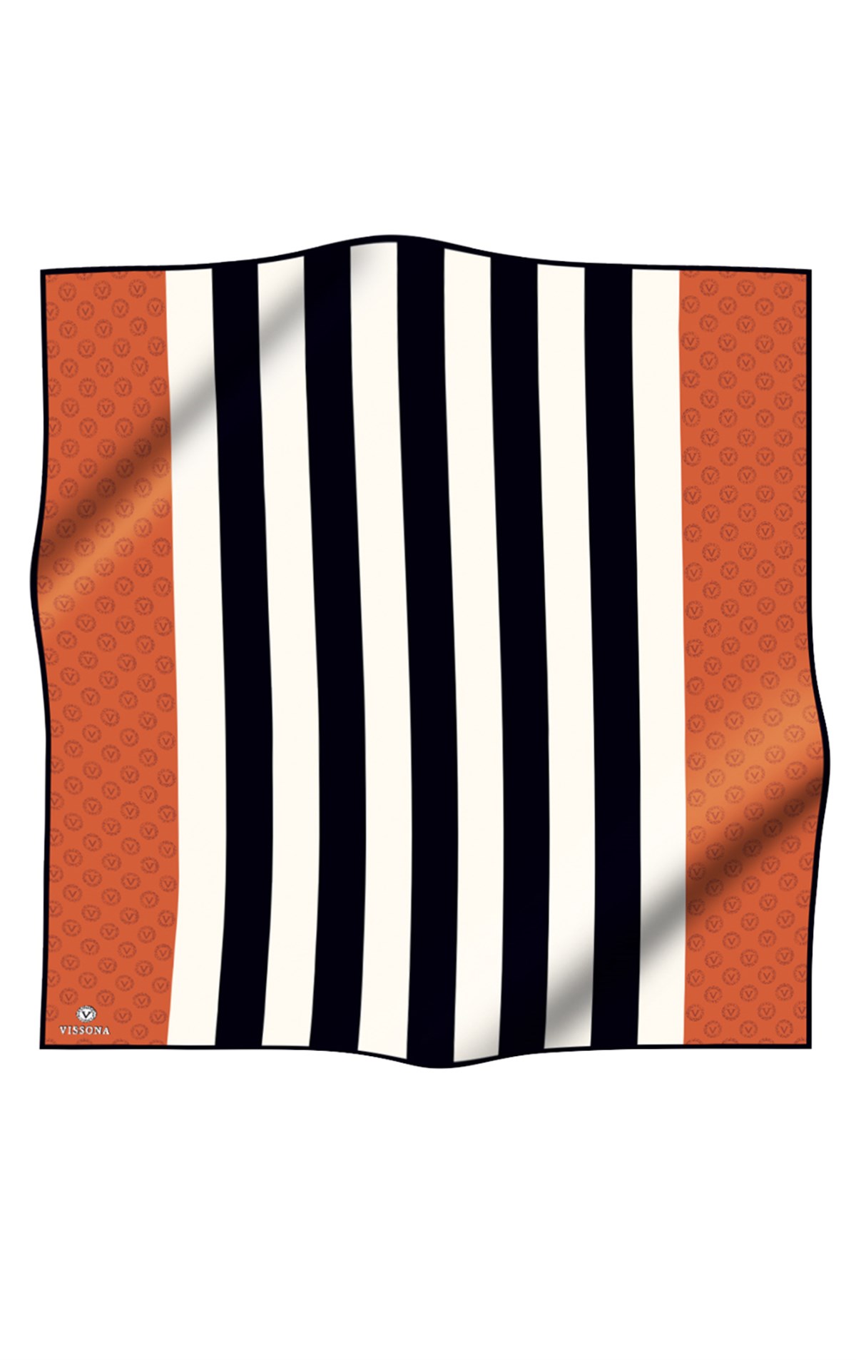 %100 Twill İpek Monogram Şerit Desenli Taba - Siyah Renkli 90x90 Eşarp Dikim Şekli : El Dikişi