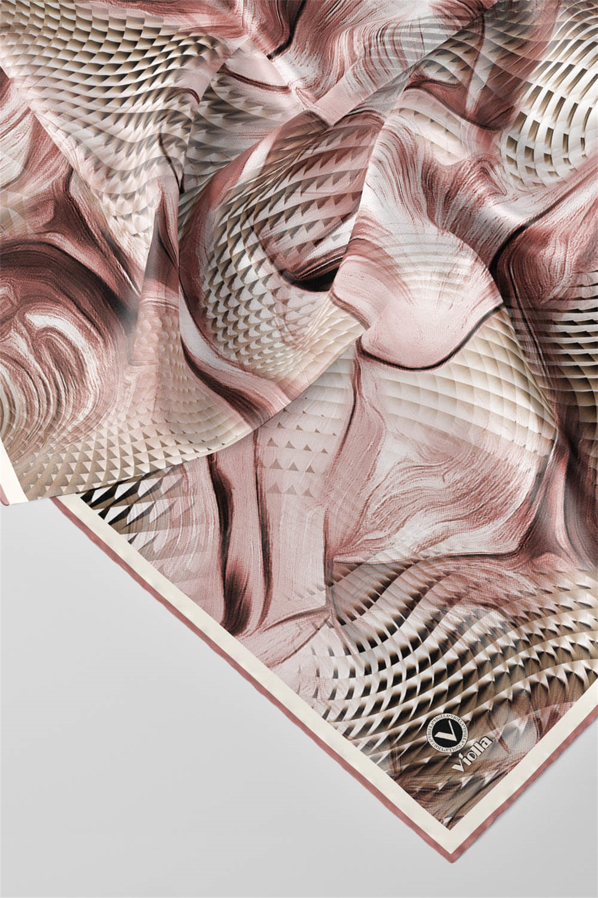 Twill Geometrik Ve Dalga Desenli Pudra Renkli 90x90 Eşarp (İpek İçermez) Dikim Şekli : El Dikişi