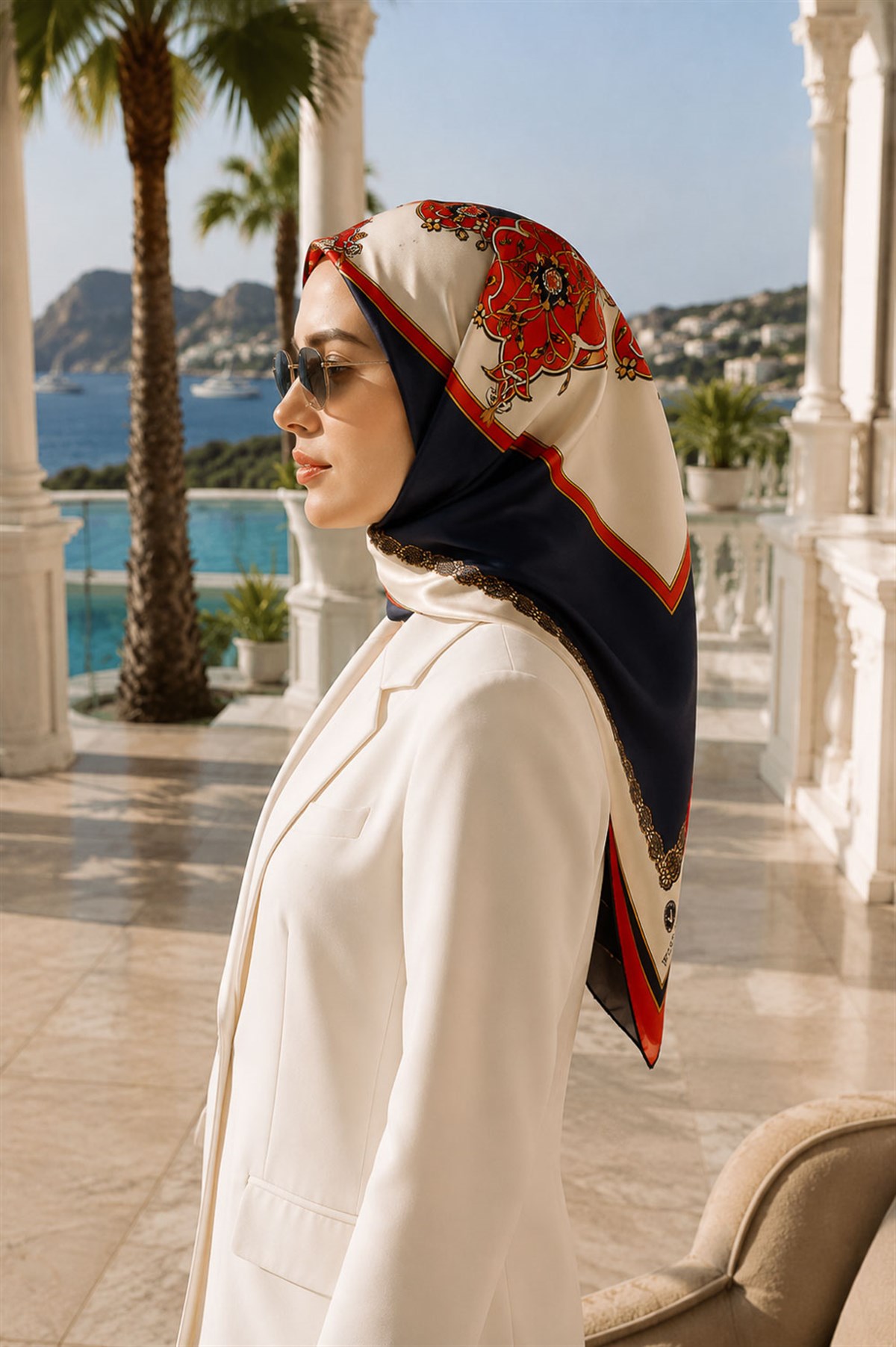 %100 Twill Barok Desenli Kırmızı - Lacivert Renkli 90x90 Eşarp Dikim Şekli: El Dikişi