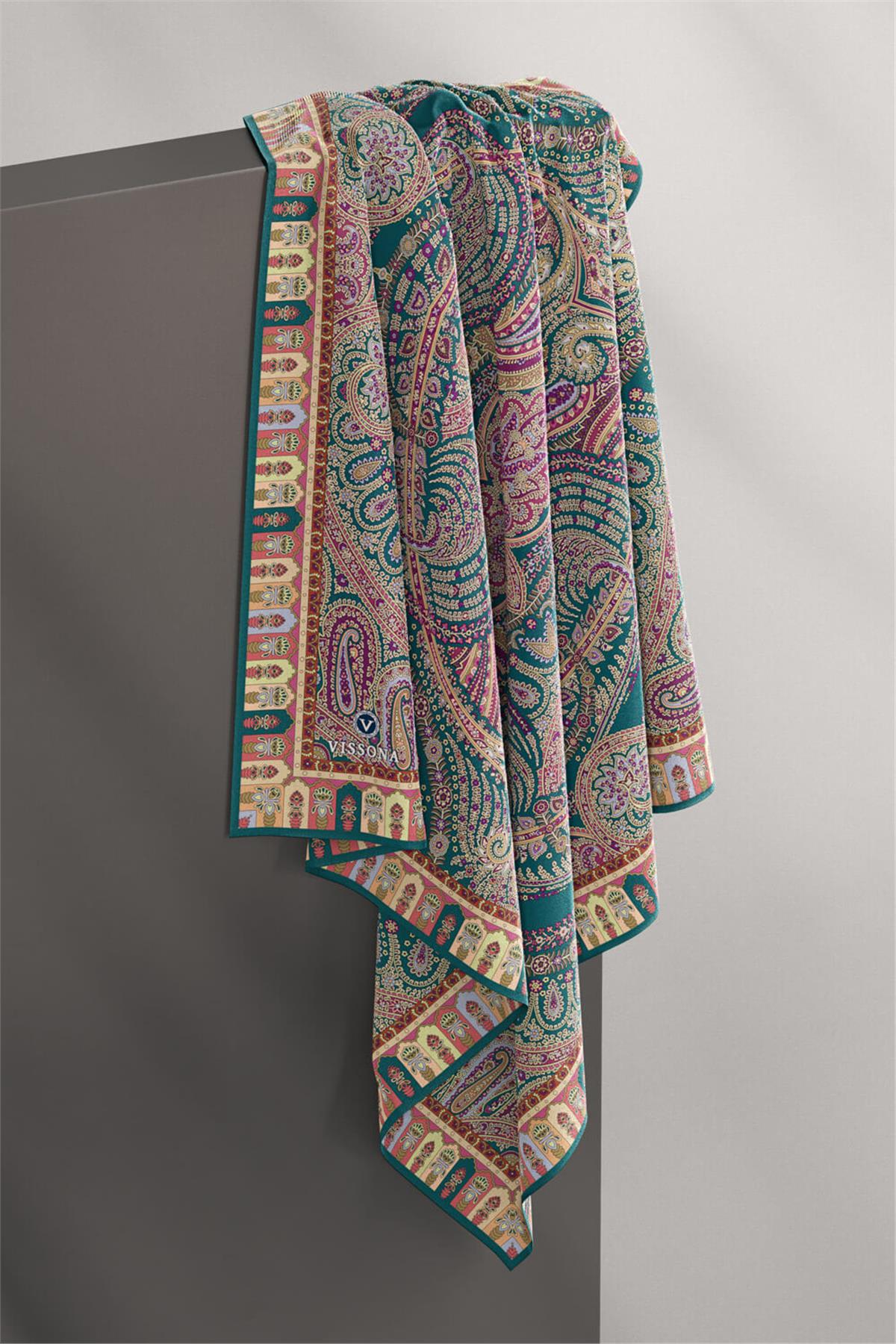 %100 Twill İpek Etro Desenli Petrol Mavisi Renkli 90x90 Eşarp Dikim Şekli : El Dikişi