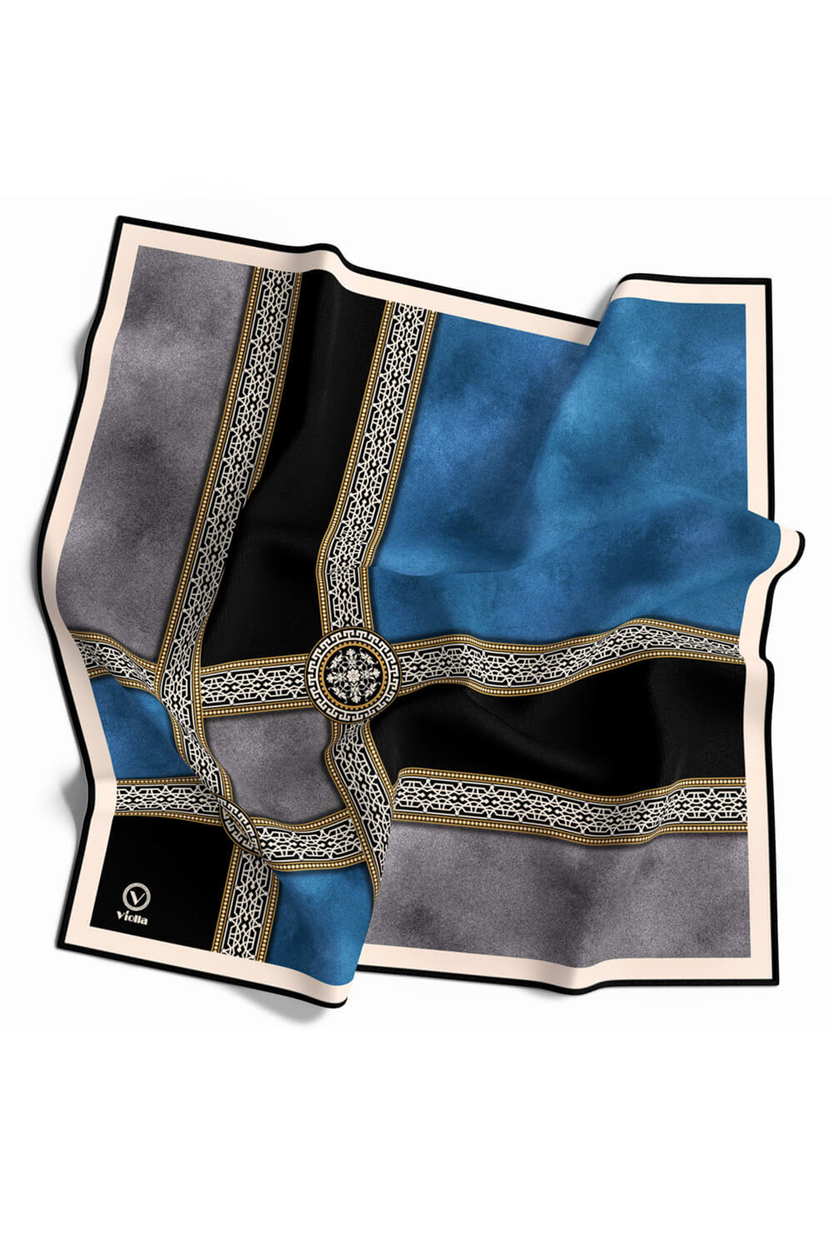 Twill Geometrik Desenli Turkuaz Renkli 90x90 Eşarp (İpek İçermez) Kenar Dikiş Şekli El Dikişli