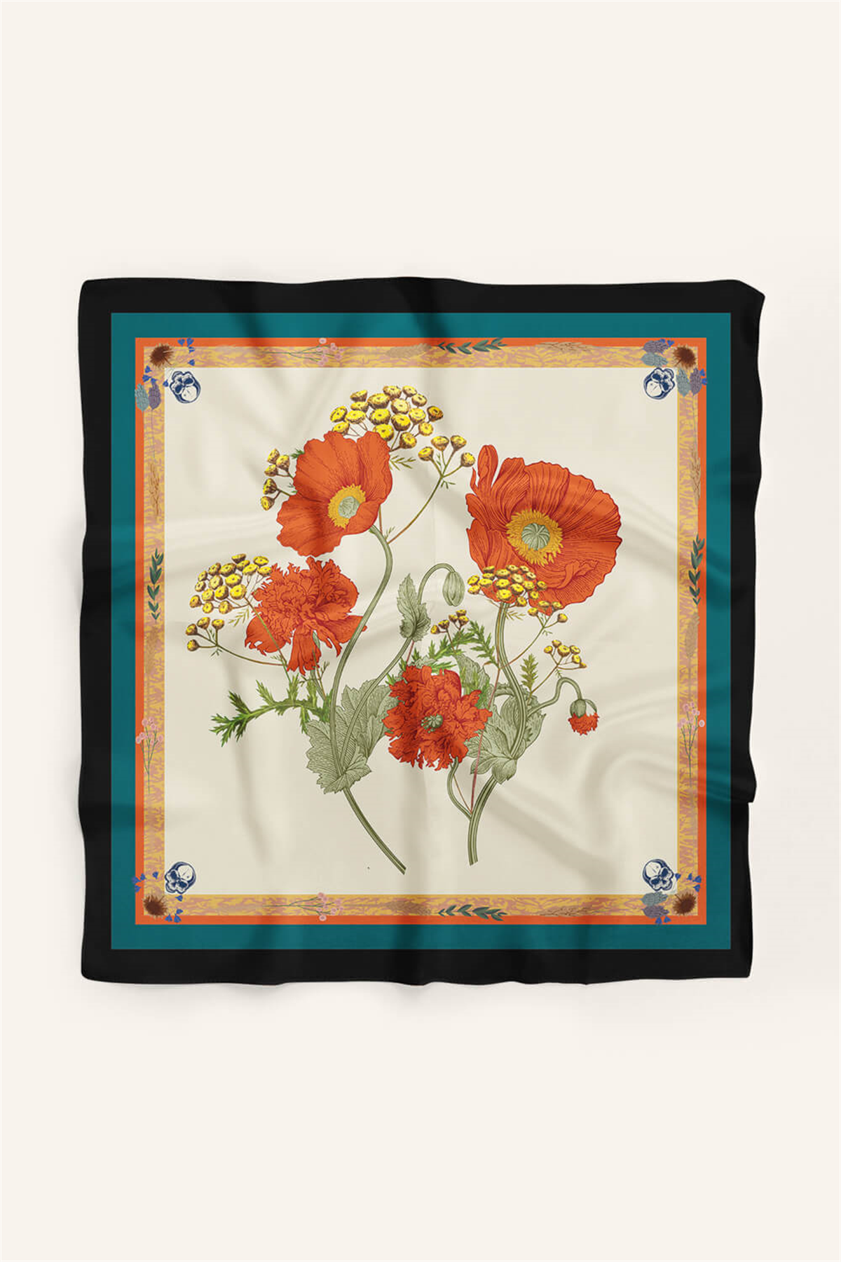 B30 Kadın Krem Çiçek Desenli 50x50 Bandana