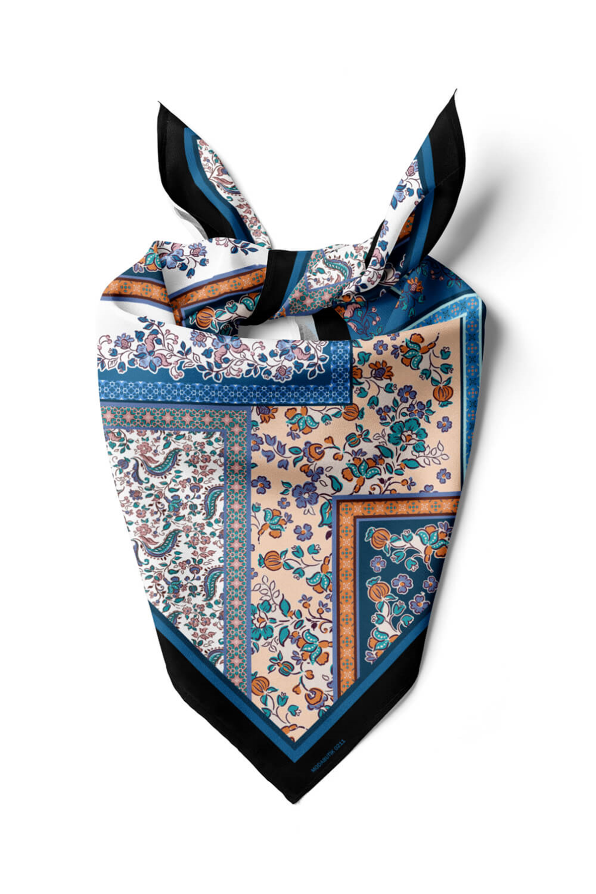 E114 Kadın Patchwork Desenli Bandana 50x50 Mavi DG0211-22