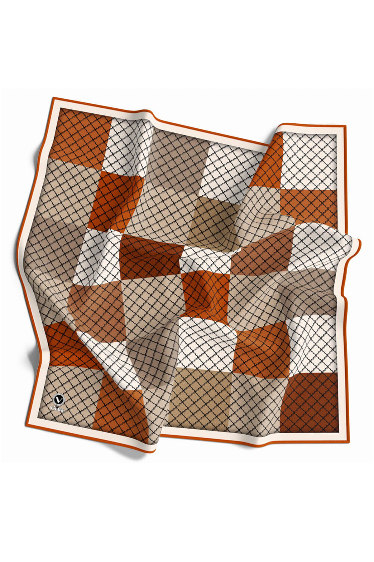 Twill Kare Desenli Taba Renkli 90x90 Eşarp (İpek İçermez) Kenar Dikiş Şekli El Dikişli