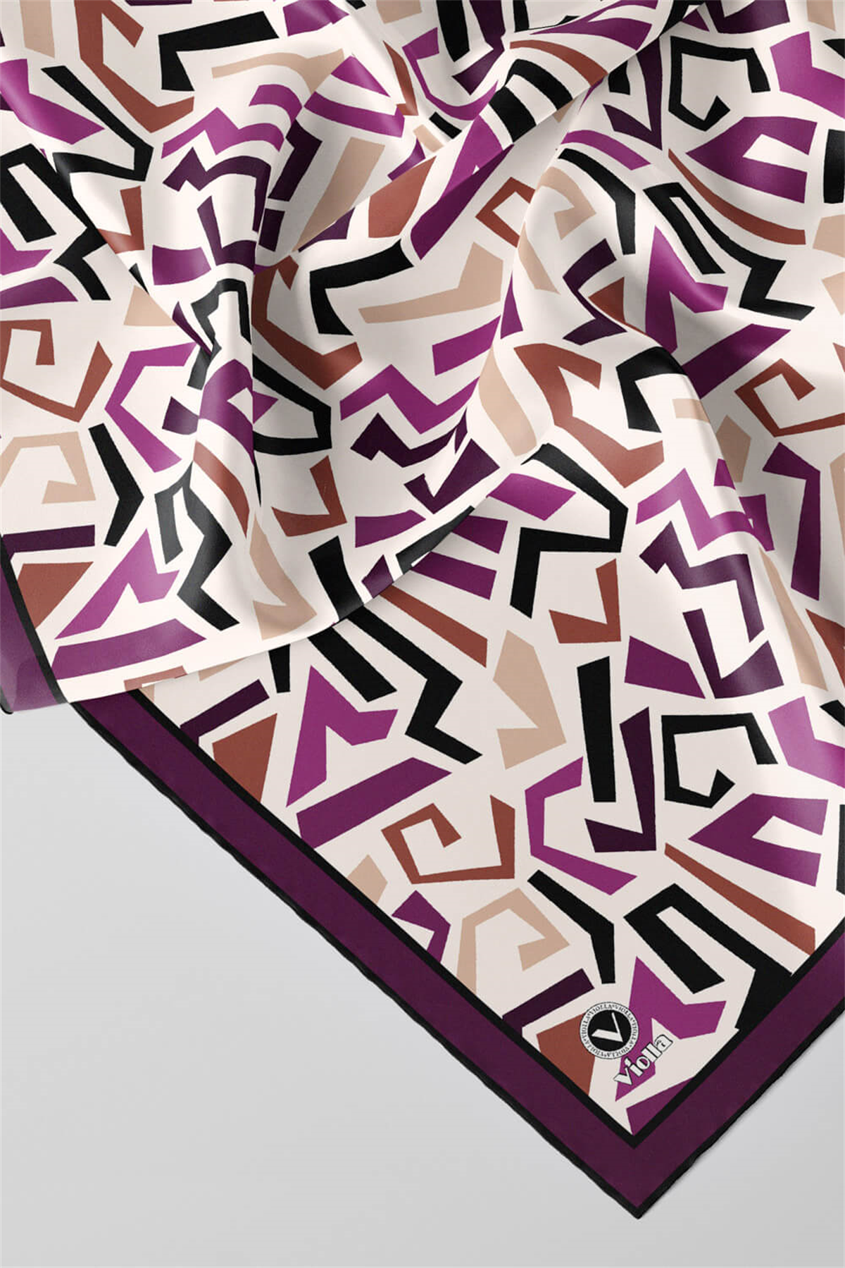Twill Geometrik Desenli Mürdüm Renkli 90x90 Eşarp (İpek İçermez) Kenar Dikiş Şekli El Dikişli
