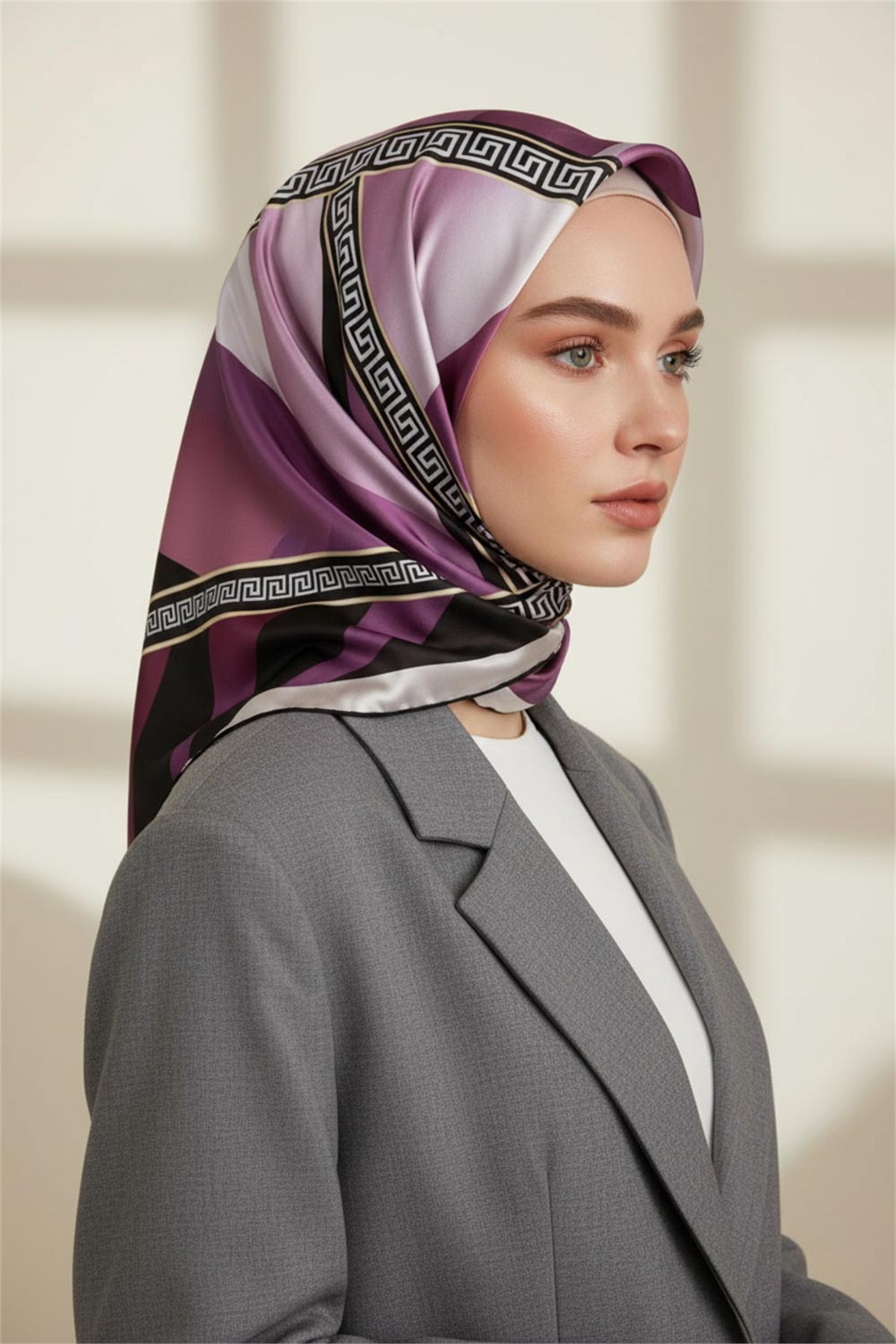 Kristal Geometrik Desenli Pembe Renkli 90x90 Dikim Şekli : El Dikişi Eşarp (İpek İçermez)