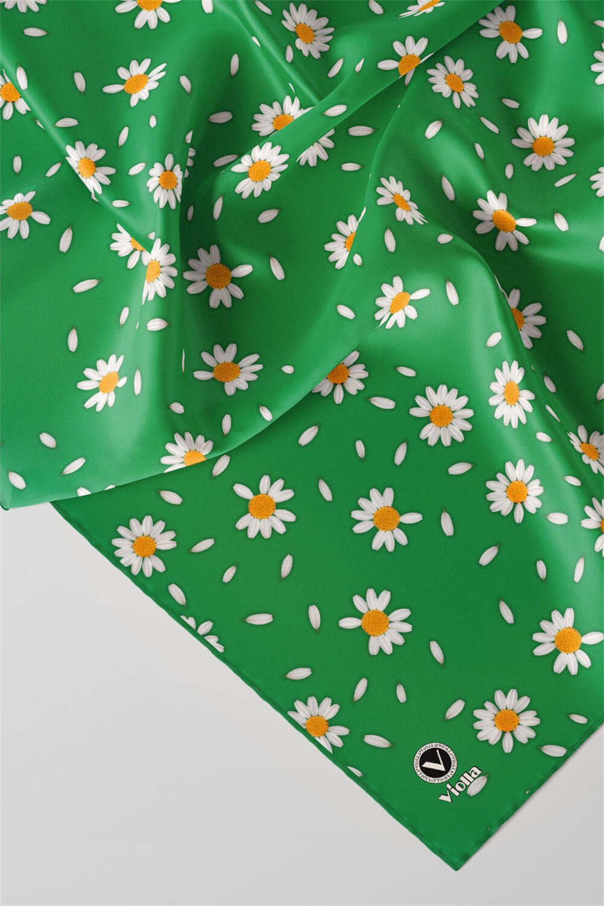 Twill Papatya Desenli Benetton Yeşili Renkli 90x90 Eşarp (İpek İçermez) Kenar Dikiş Şekli El Dikişli