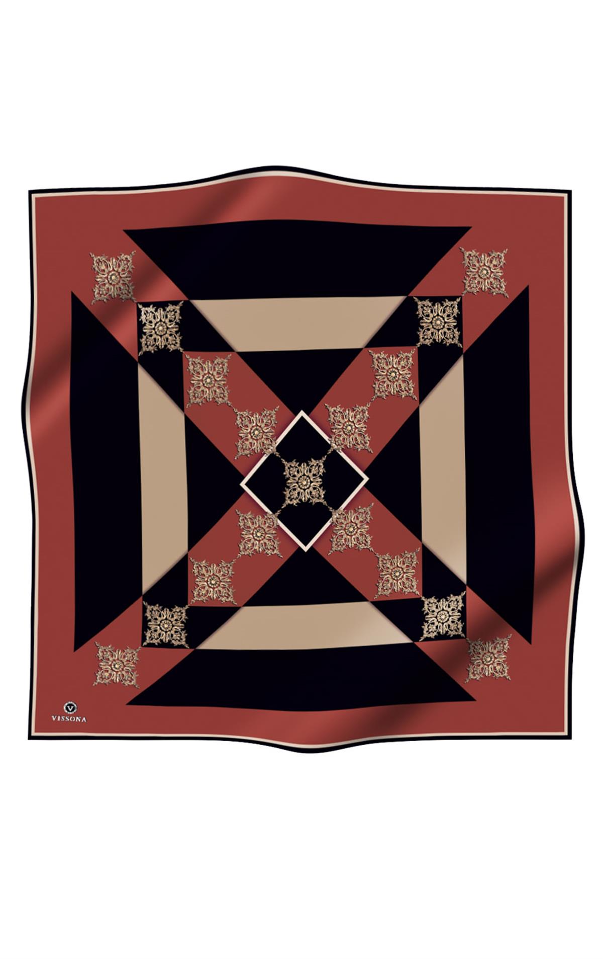 %100 Twill İpek Geometrik ve Barok Desenli Taba - Siyah Renkli 90x90 Eşarp Dikim Şekli : El Dikişi