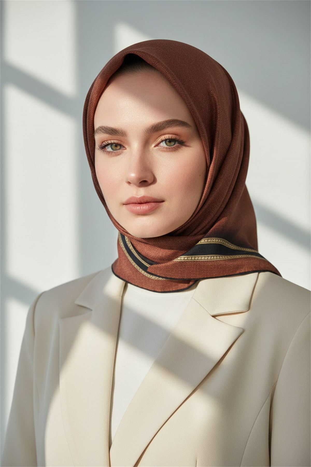 %100 Twill İpek Dokulu Şerit Desenli Siyah - Taba Renkli 90x90 Eşarp Dikim Şekli : El Dikişi