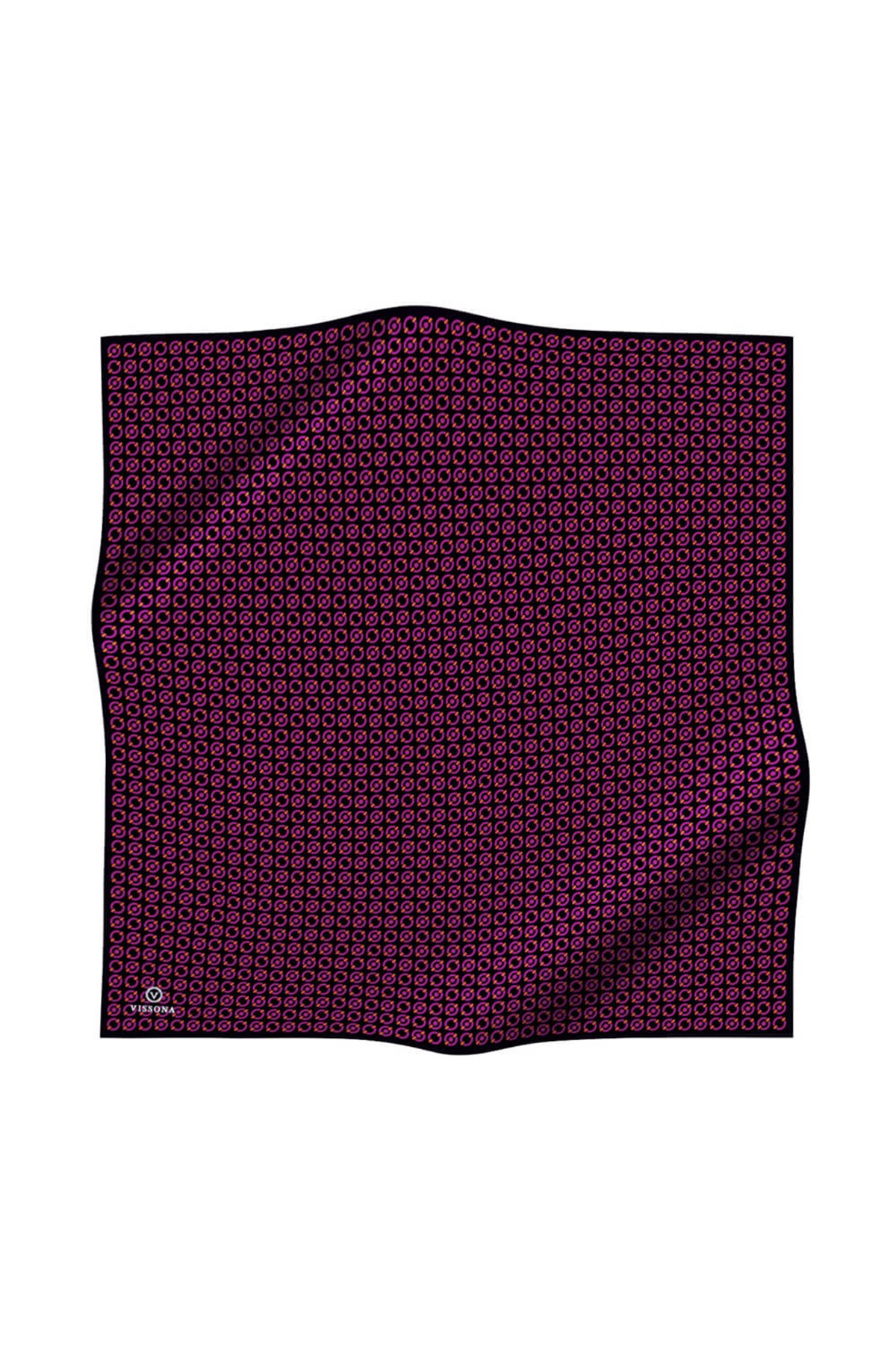 %100 Twill İpek Zincir Desenli Siyah - Fuşya Renkli 90x90 Eşarp Kenar Dikiş Şekli El Dikişli