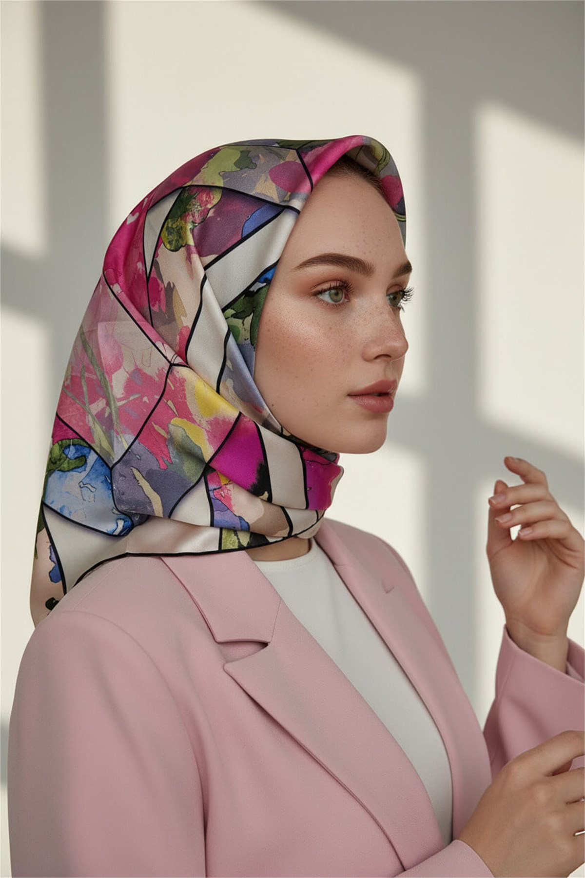 %100 Twill İpek Bahar Çiçekleri Desenli Mürdüm - Bebe Mavisi Renkli 90x90 Eşarp Kenar Dikiş Şekli El Dikişli