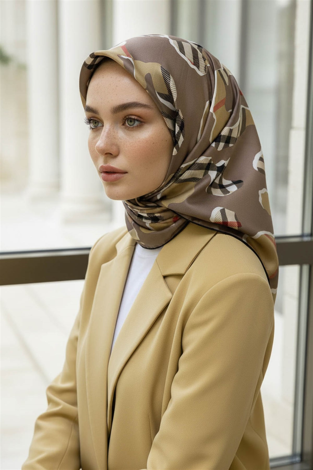 %100 Twill İpek Leopar Desenli Bej - Bej Renkli 90x90 Eşarp Dikim Şekli : El Dikişi