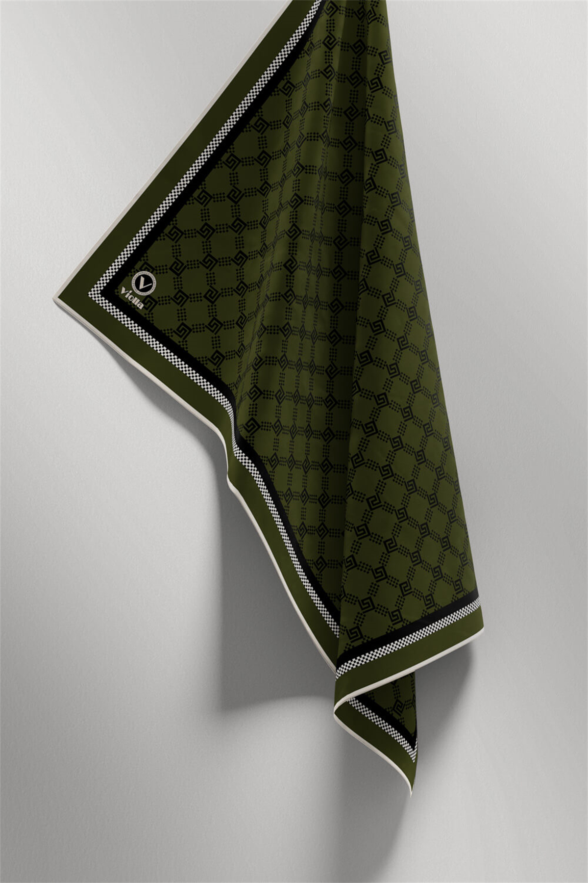 Twill Minik Motifli Geometrik Desenli Haki Renkli 90x90 Eşarp (İpek İçermez) Dikim Şekli : El Dikişi