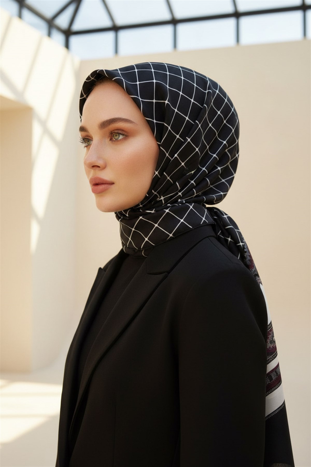 %100 Saf İpek Şal İnce Saten Vual Dokuma Etnik Desenli Siyah - Beyaz Renkli 90x210 Şal