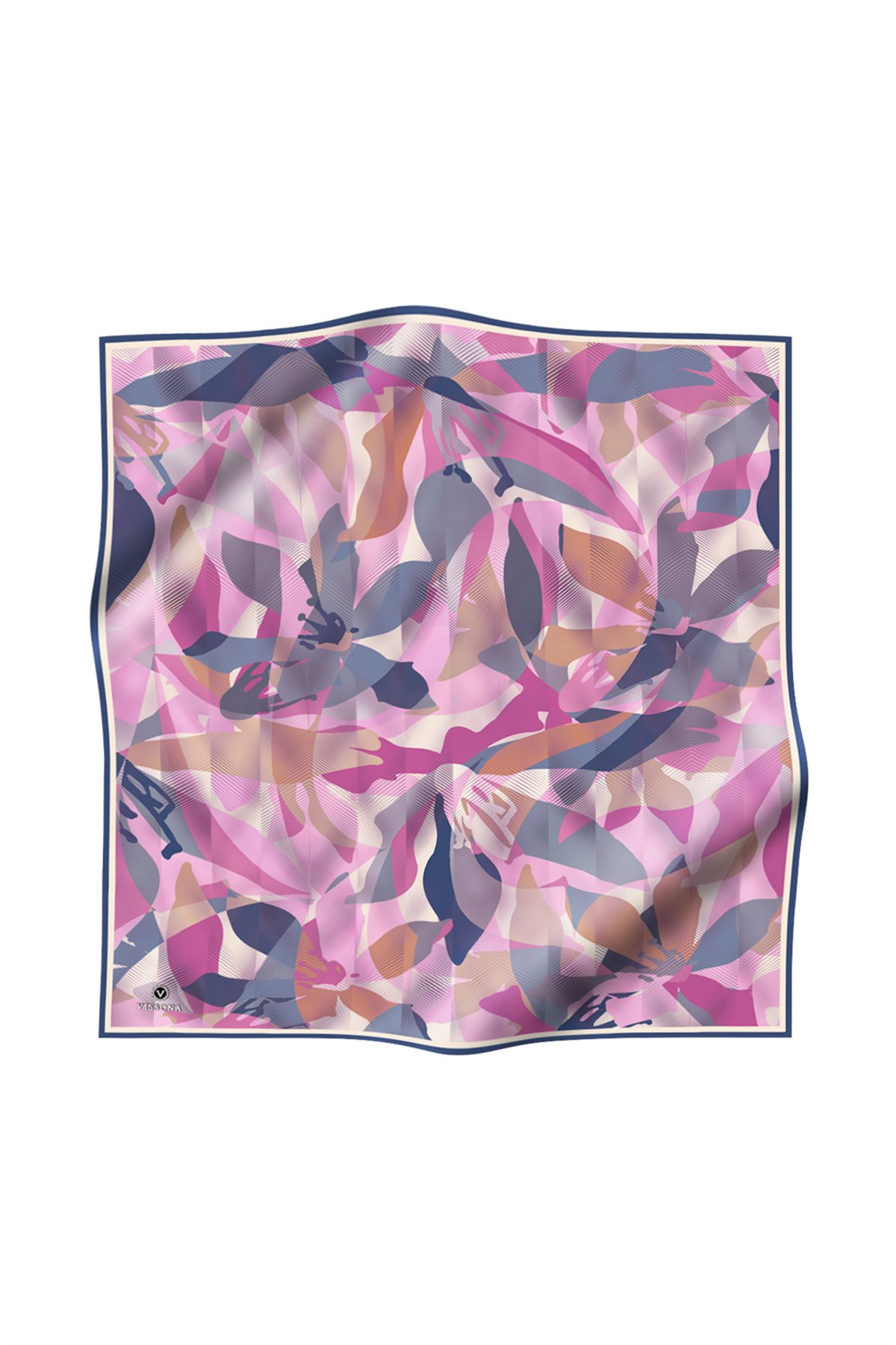 %100 Twill İpek Çiçek Desenli Pembe - İndigo Renkli 90x90 Eşarp Dikim Şekli : El Dikişi