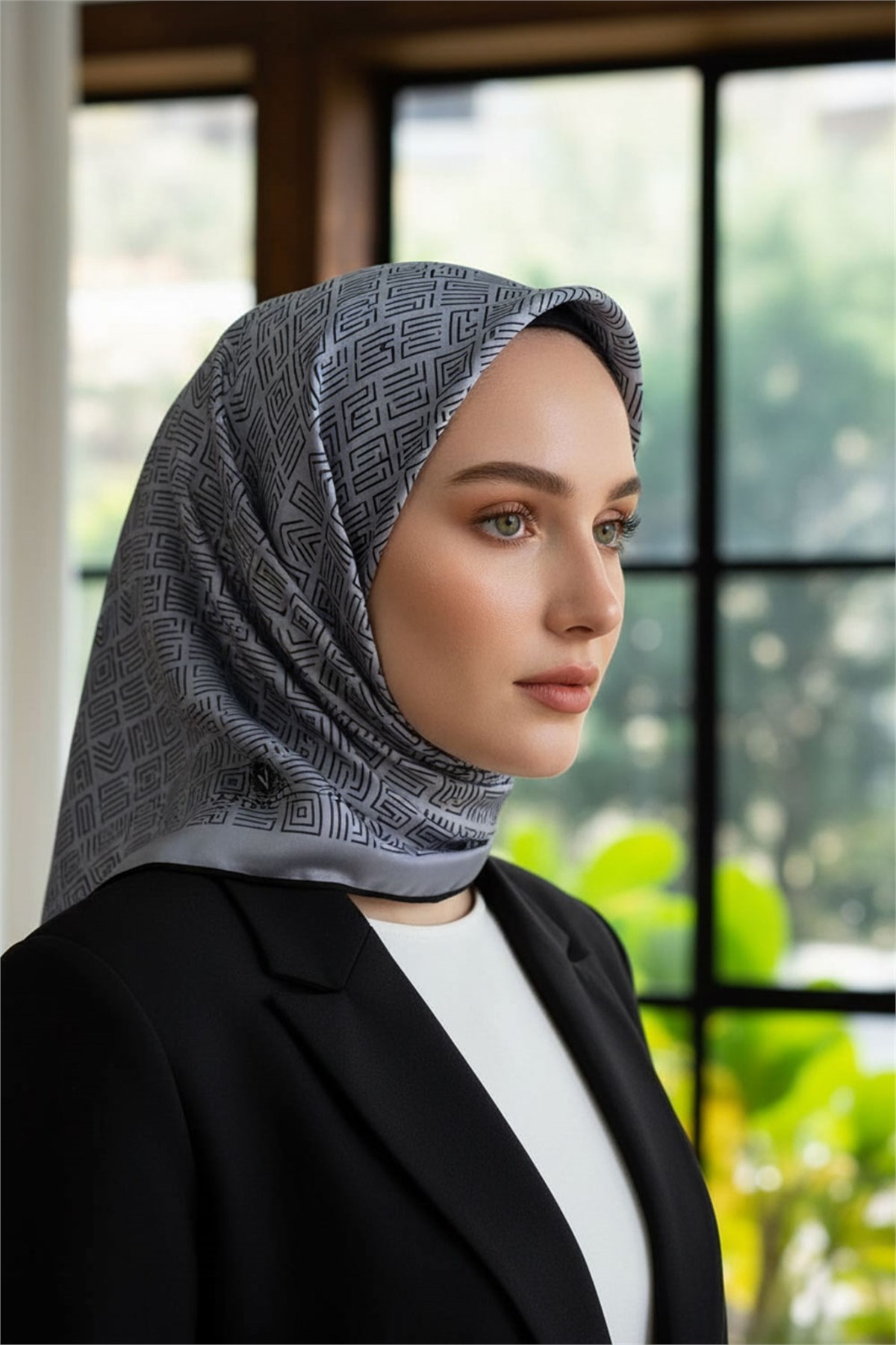 100% Twill İpek Etnik Motif Desenli Gri - Siyah Renkli 90x90 Dikim Şekli : El Dikişi Eşarp