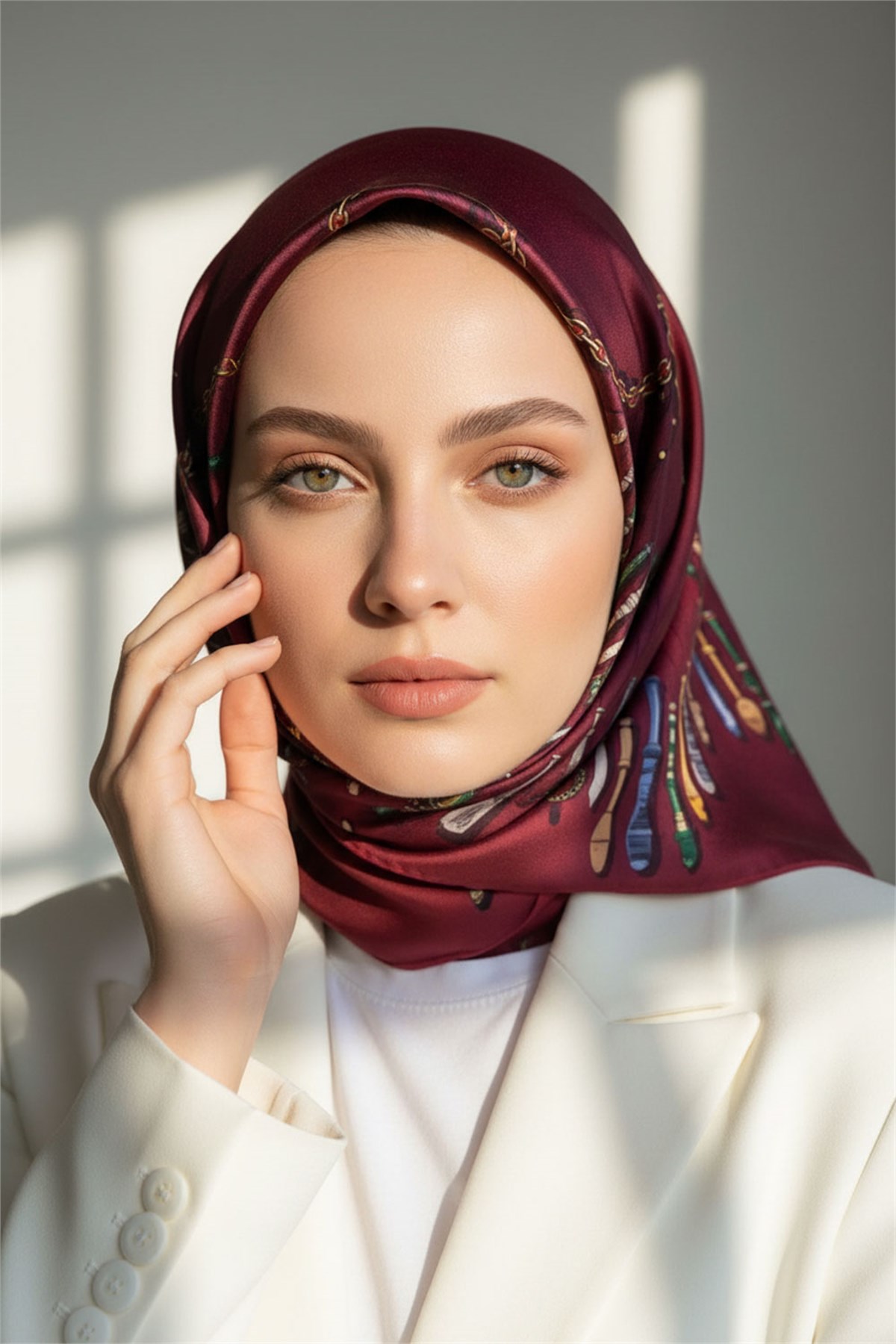 %100 Twill İpek Zincir Desenli Bordo Renkli 90x90 Eşarp Dikim Şekli : El Dikişi