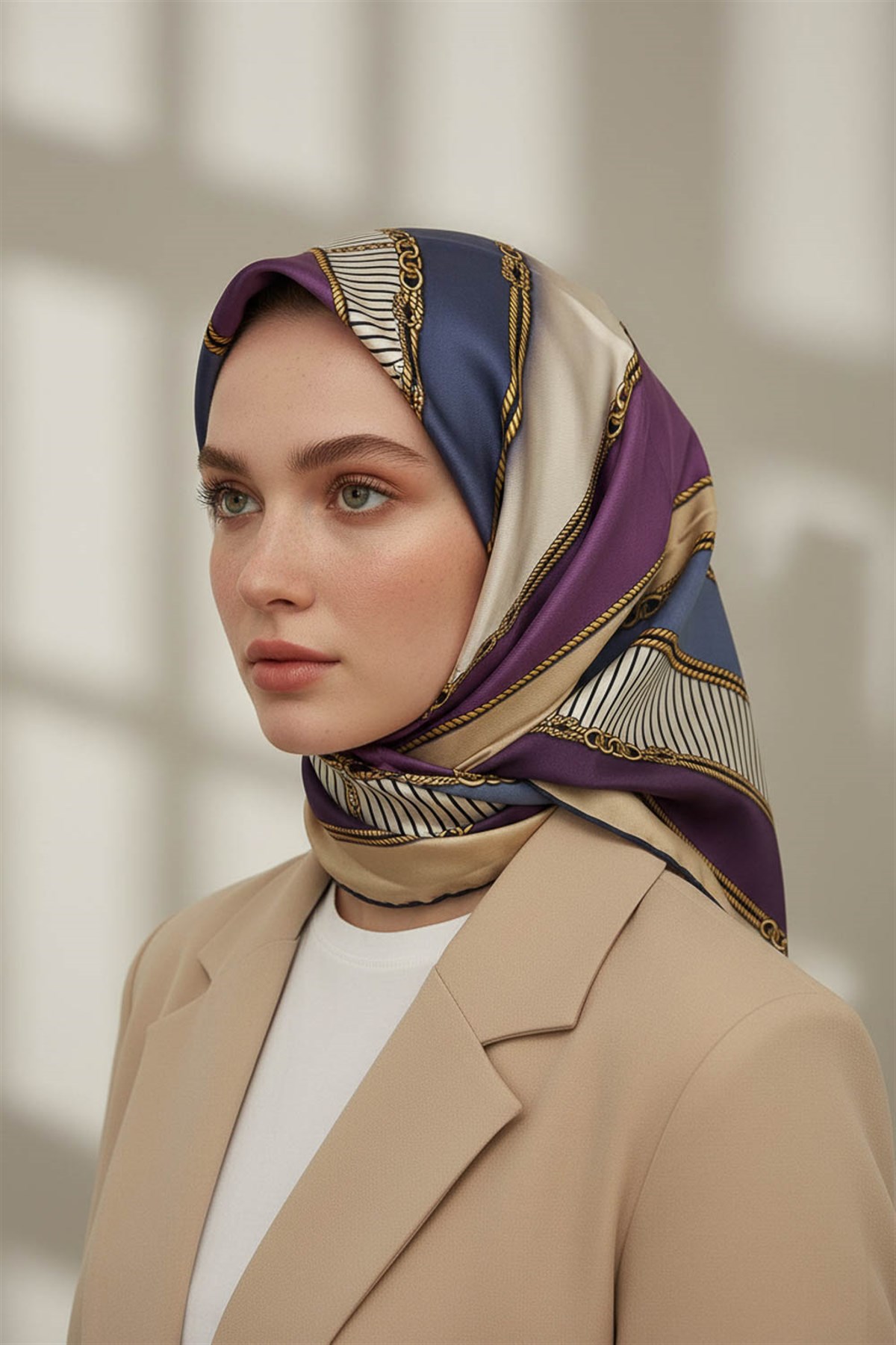 % 57 İPEK % 43 VİSKON Twill İpek Zincir Detaylı Geometrik Desenli İndigo - Mor Renkli 90x90 Eşarp Dikim Şekli : El Dikişi
