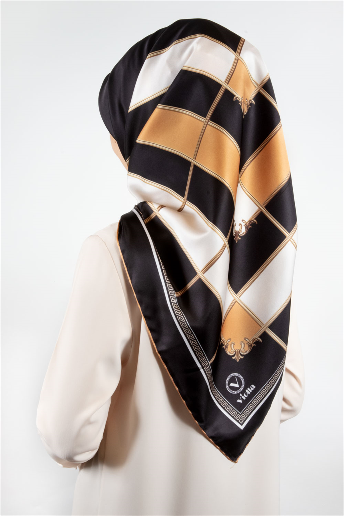 Twill Gold Detaylı Kareli Desenli Sarı Renkli 90x90 Eşarp (İpek İçermez) Kenar Dikiş Şekli El Dikişli