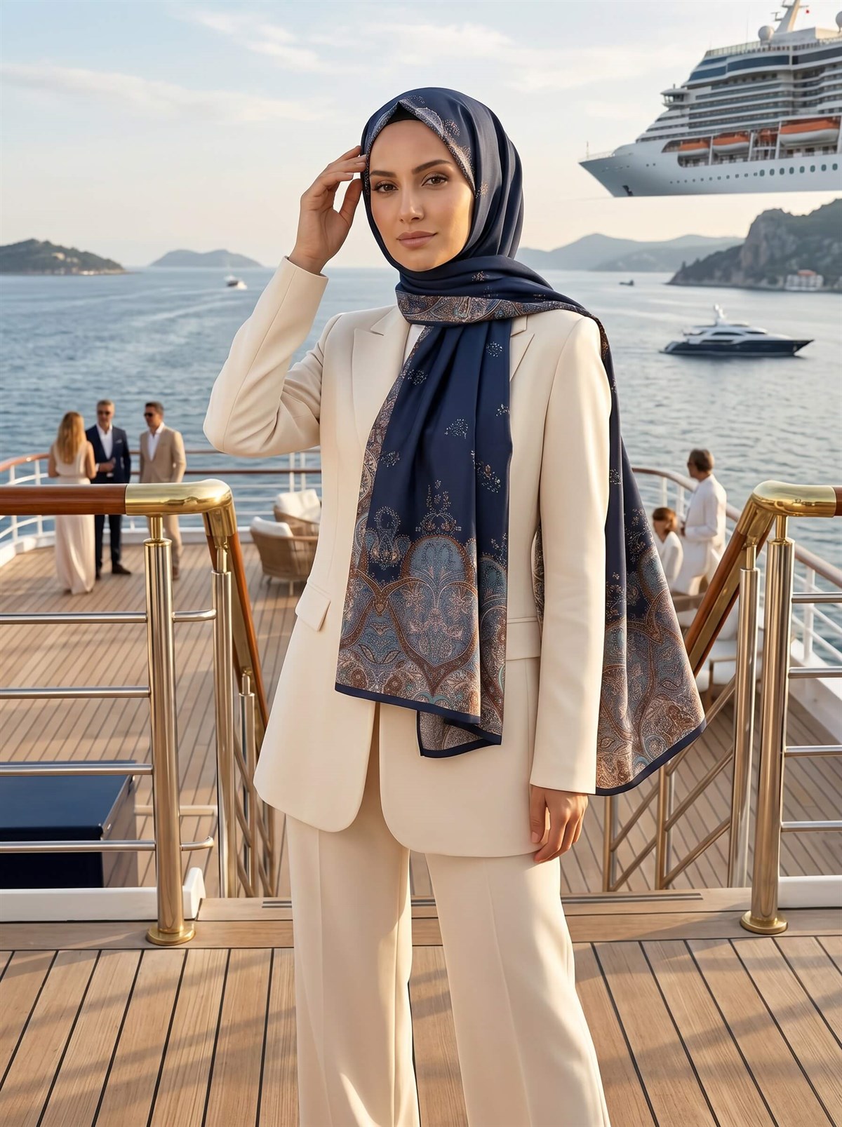 %100 İpek Etnik Desenli Lacivert Renkli 92x210 Şal