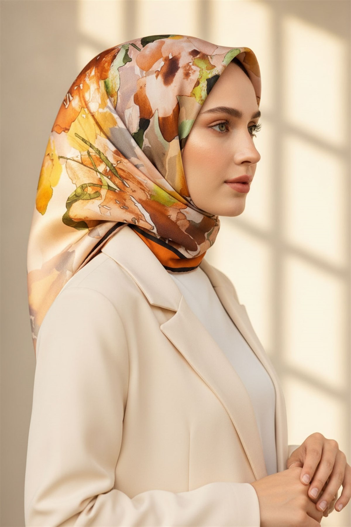 %100 Twill İpek Sulu Boyalı Çiçek Desenli Turuncu - Gold Renkli 90x90 Eşarp Dikim Şekli : El Dikişi