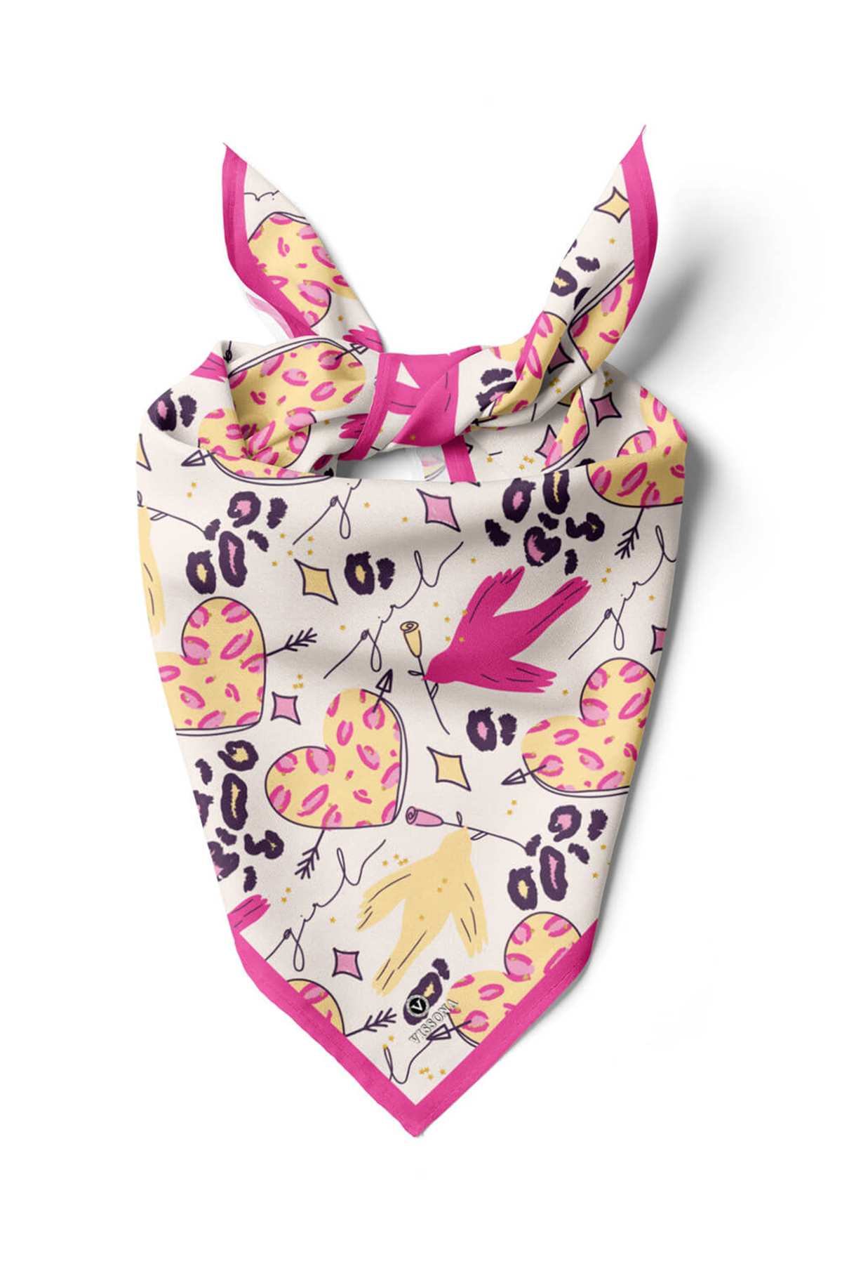 Saten İpek Kalp Desenli Kadın Bandana