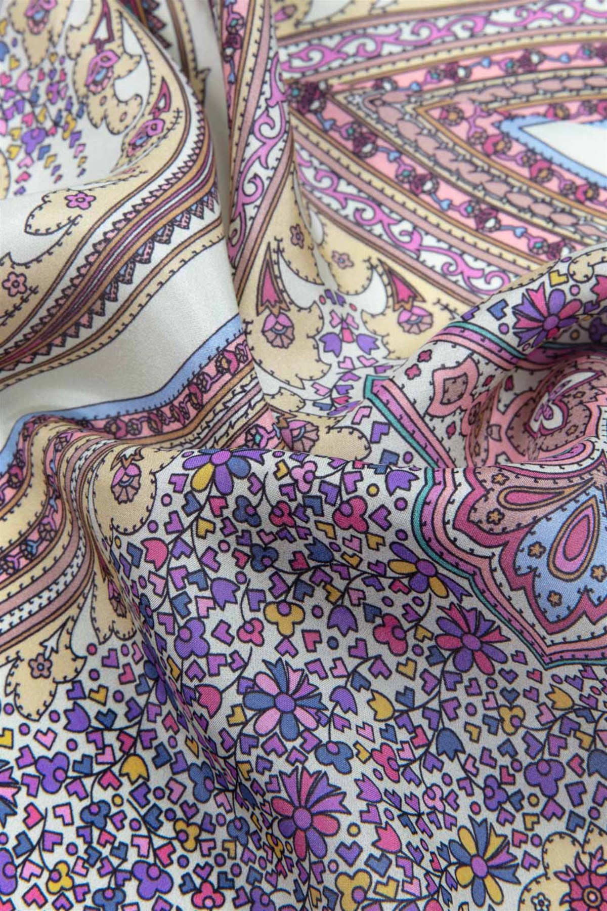 100% İpek Etro Desenli Haki - Nar Çiçeği Renkli 92x210 Şal