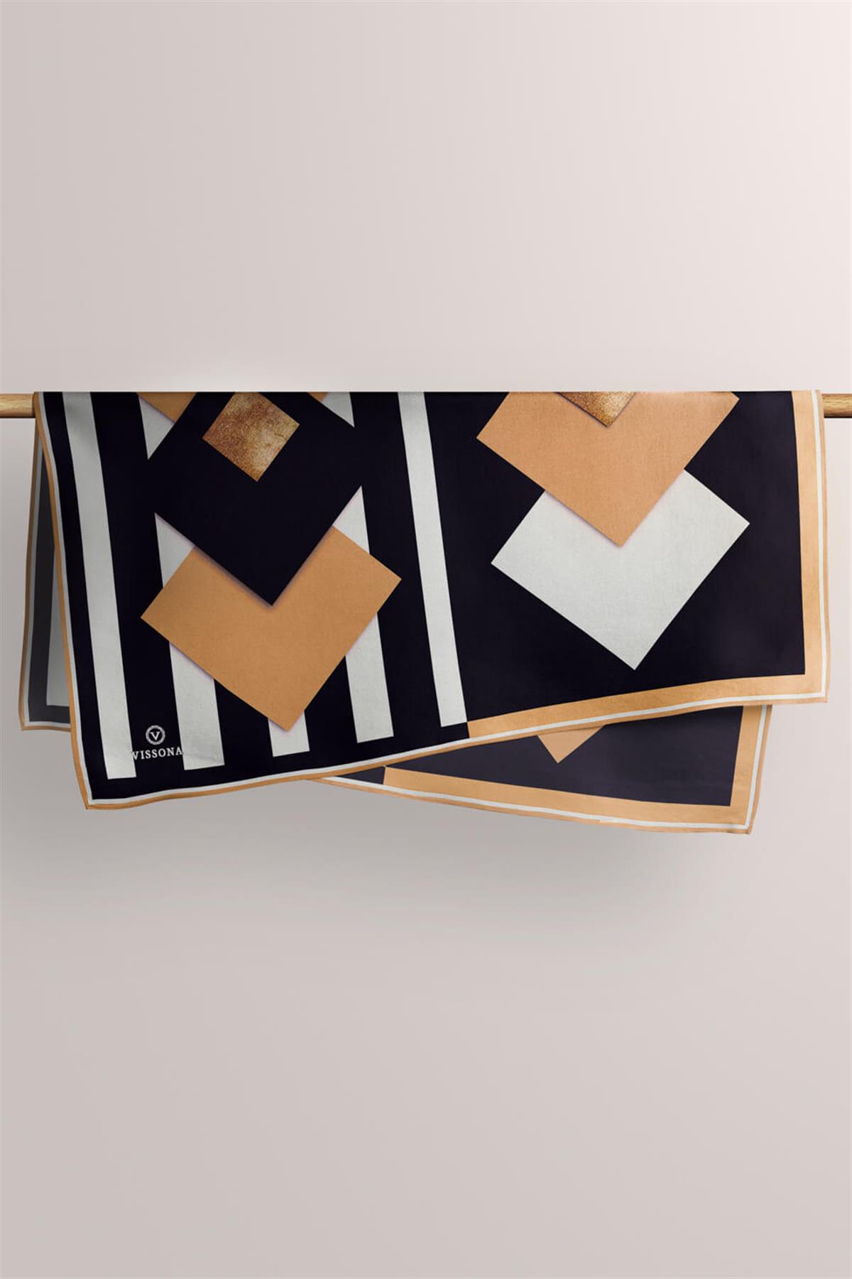 %100 Twill İpek Karo Desenli Gold - Siyah Renkli 90x90 Eşarp Dikim Şekli : El Dikişi