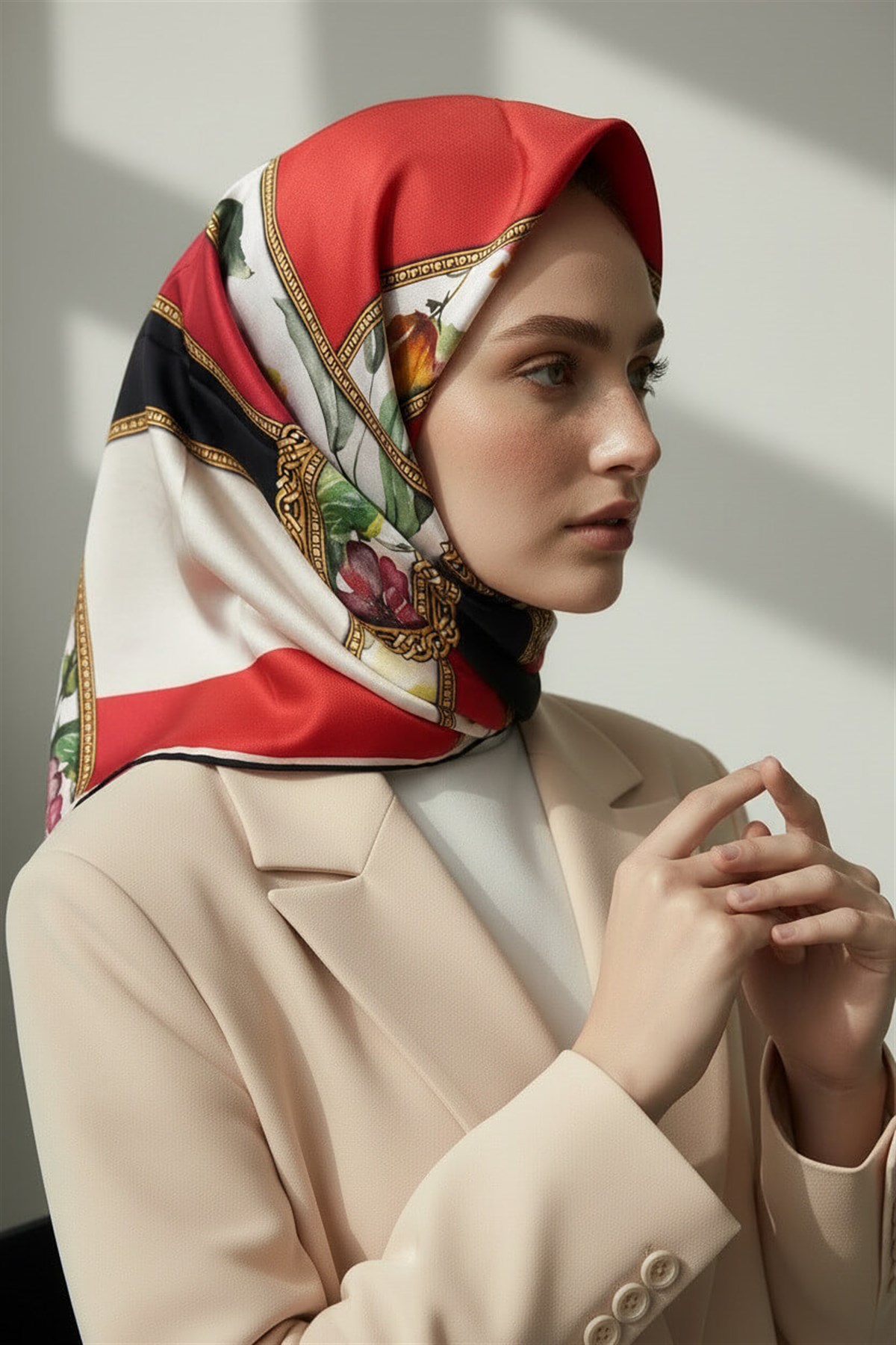 100% Twill İpek Şeritli Çiçek Desenli Kırmızı - Krem Renkli 90x90 Dikim Şekli : El Dikişi Eşarp