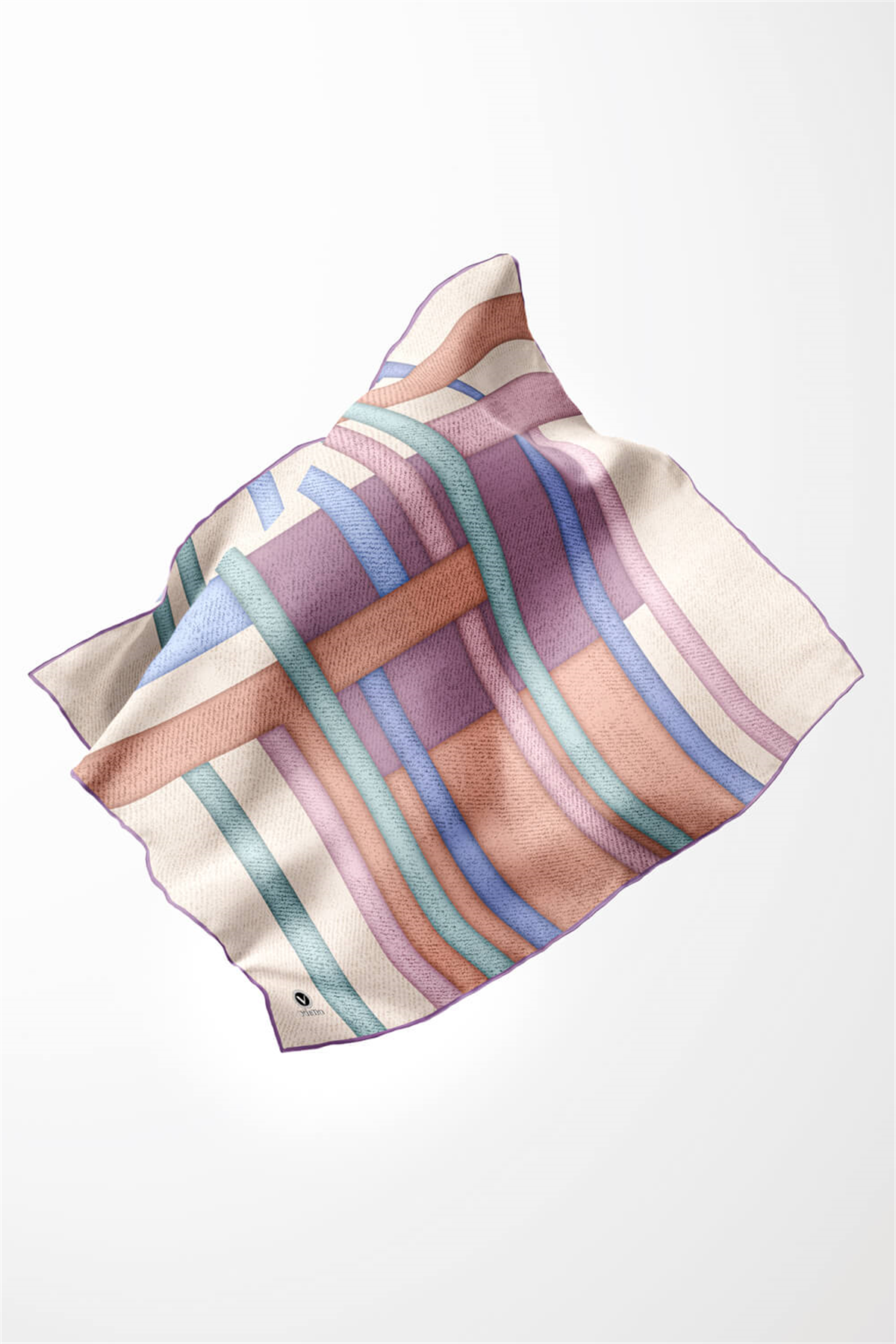 Twill Renkli Şerit Desenli Lila Renkli 90x90 Eşarp (İpek İçermez) Kenar Dikiş Şekli El Dikişli