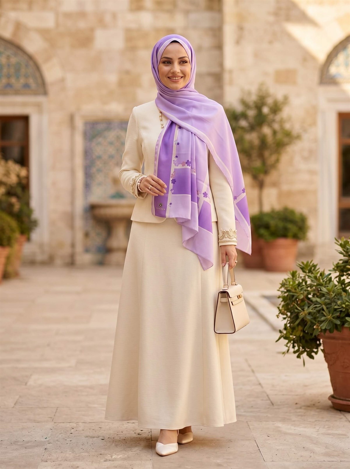 %100 İpek Çiçek Desenli Lila Renkli 92x210 Şal