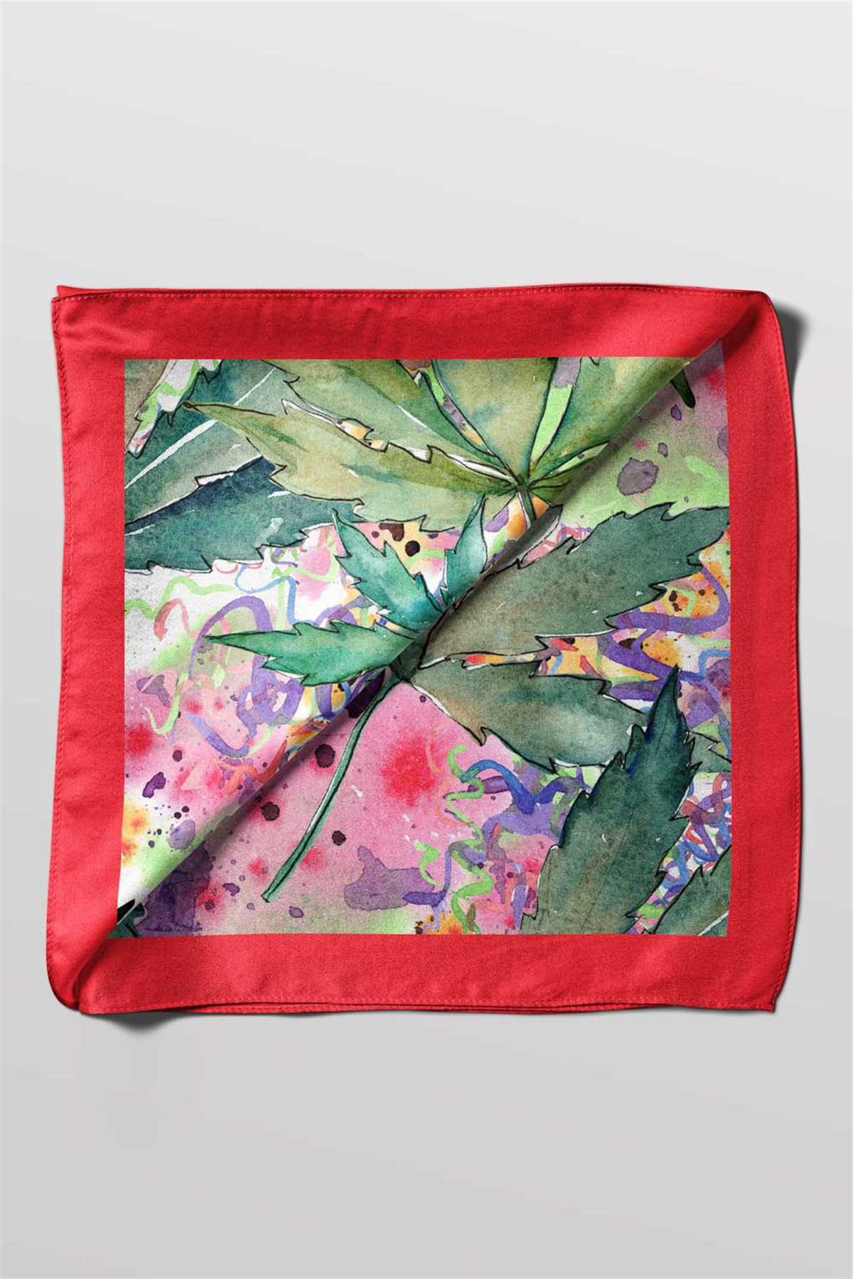 A74 Kadın Yaprak Desenli Bandana 50x50 Yeşil Pembe DG0455-22