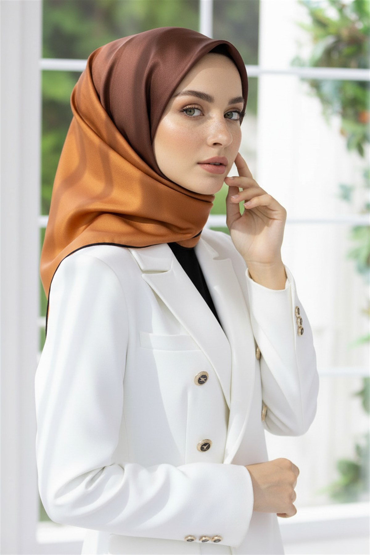 %100 Twill İpek Degrade Desenli Taba Renkli 90x90 Eşarp Dikim Şekli : El Dikişi