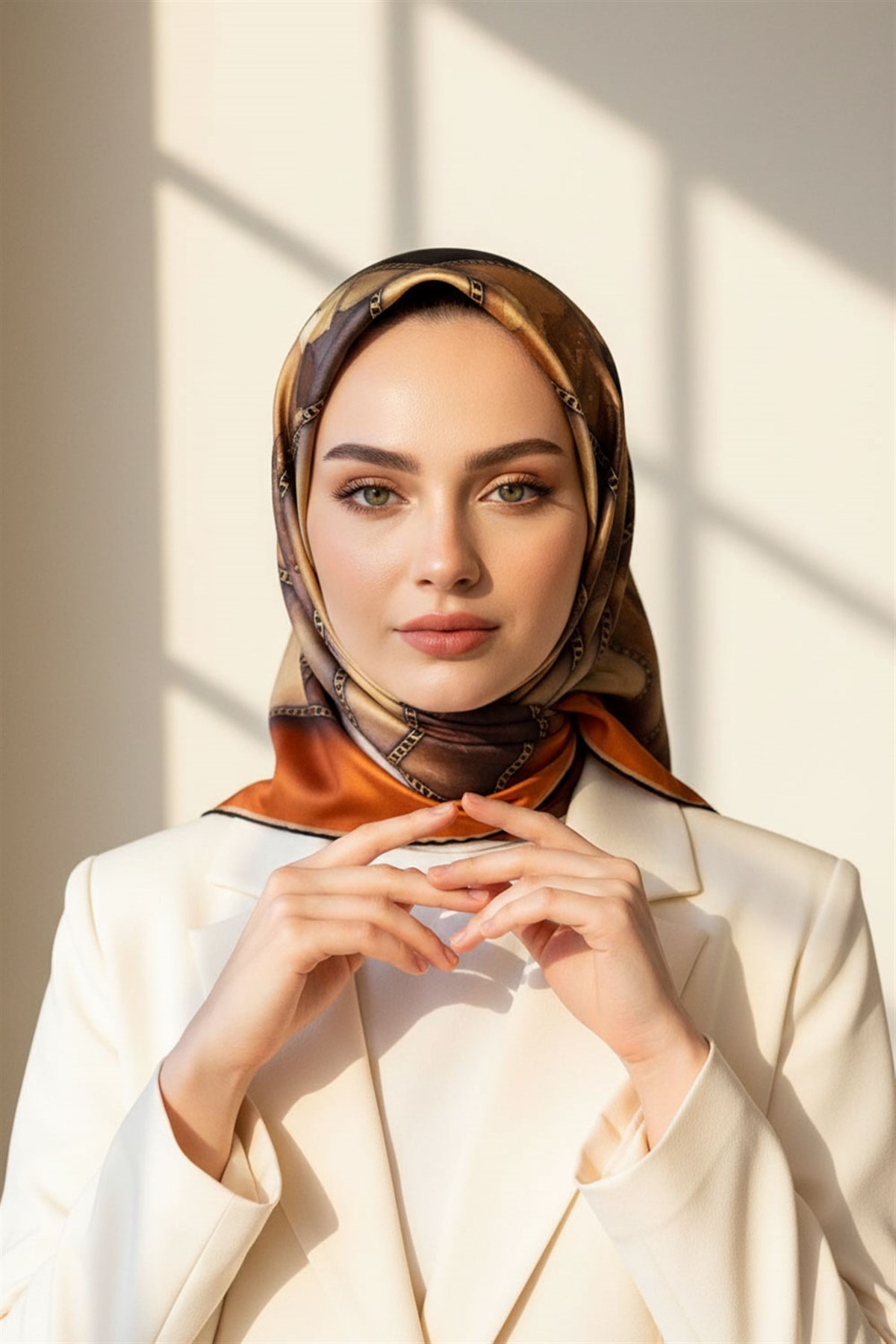 % 57 İPEK % 43 VİSKON Twill İpek Efektli Bant Desenli Taba - Bej Renkli 90x90 Eşarp Dikim Şekli : El Dikişi