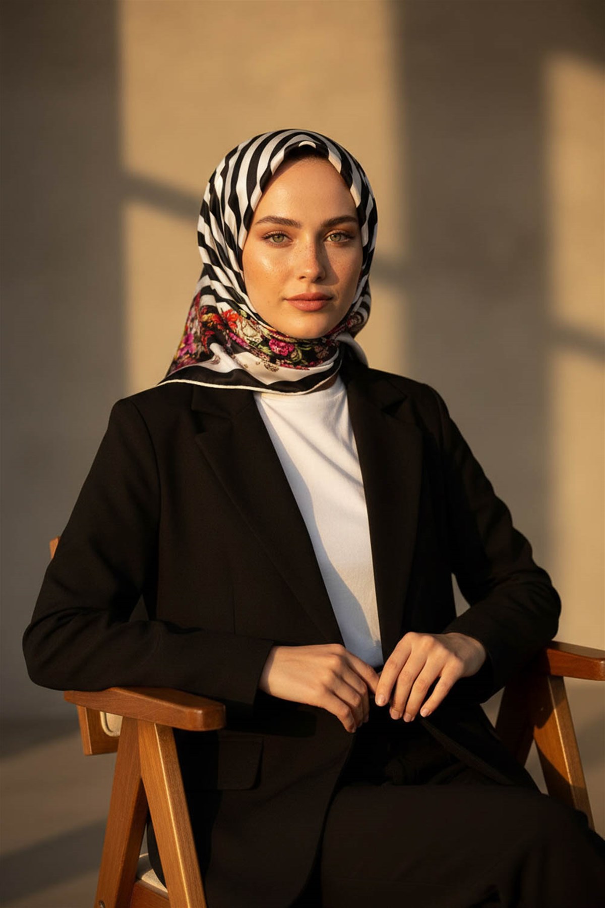 %100 Twill İpek Çıtır Çiçekli Ve Çizgi Desenli Siyah - Fuşya Renkli 90x90 Eşarp Dikim Şekli : El Dikişi